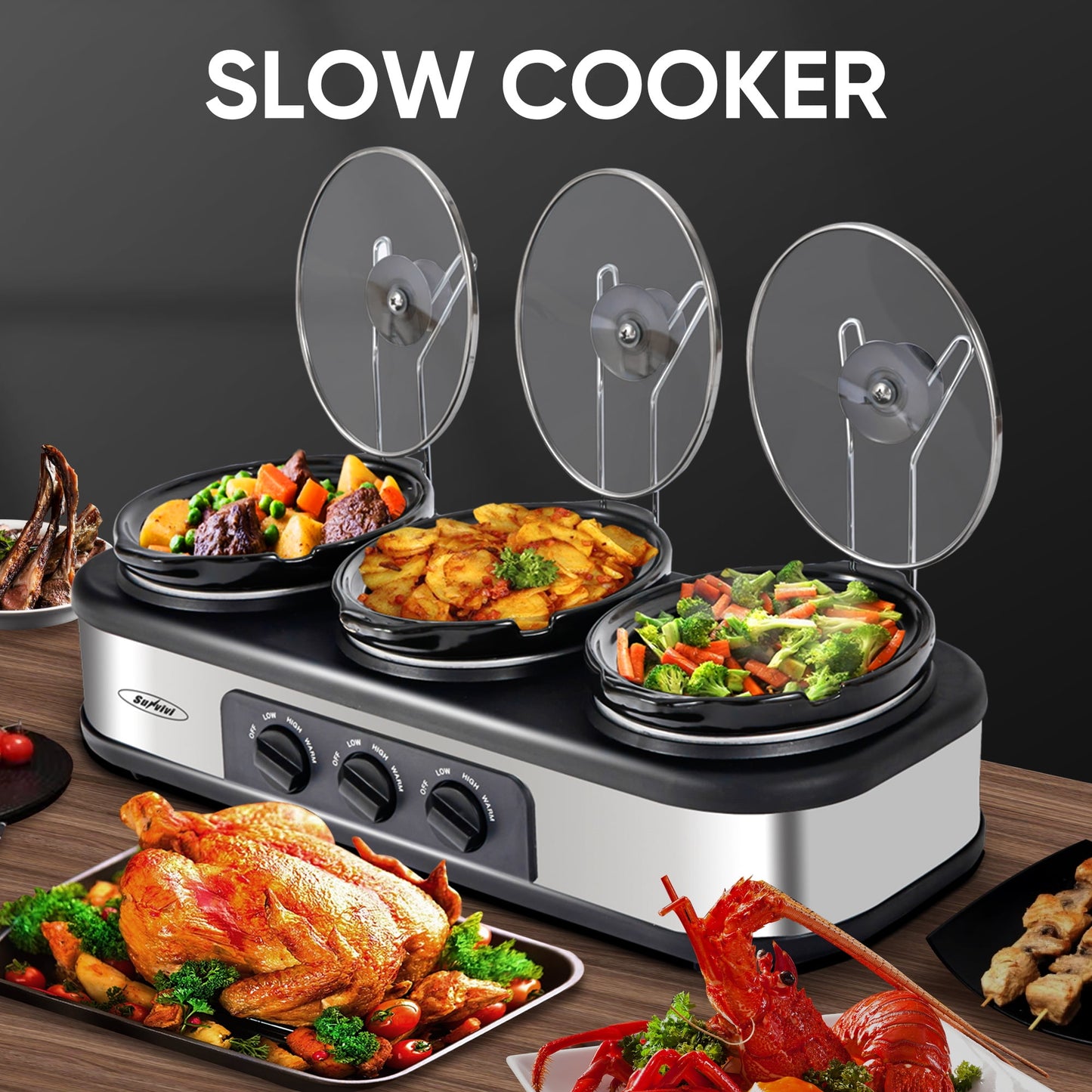 Sunvivi Triple Slow Cooker with 3 Spoons, 3 Pot 1.5 Quart Oval Crock Food Warmer Buffet Server, Stainless Steel