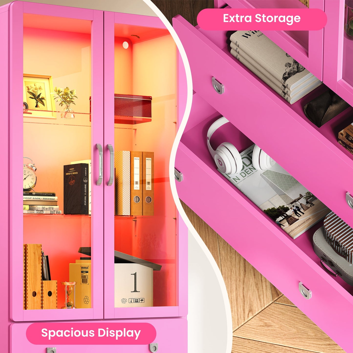 Heynemo 64'' Tall Display Cabinet with Acrylic Doors and LED Lights, Pink