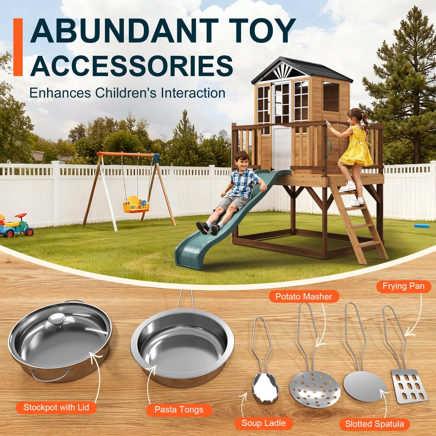 Heynemo All-in-One Backyard Playset for Kids 3-10: 9-in-1 Wooden Playhouse with Slide, Sandbox & Pretend Kitchen for Imaginative Outdoor Fun