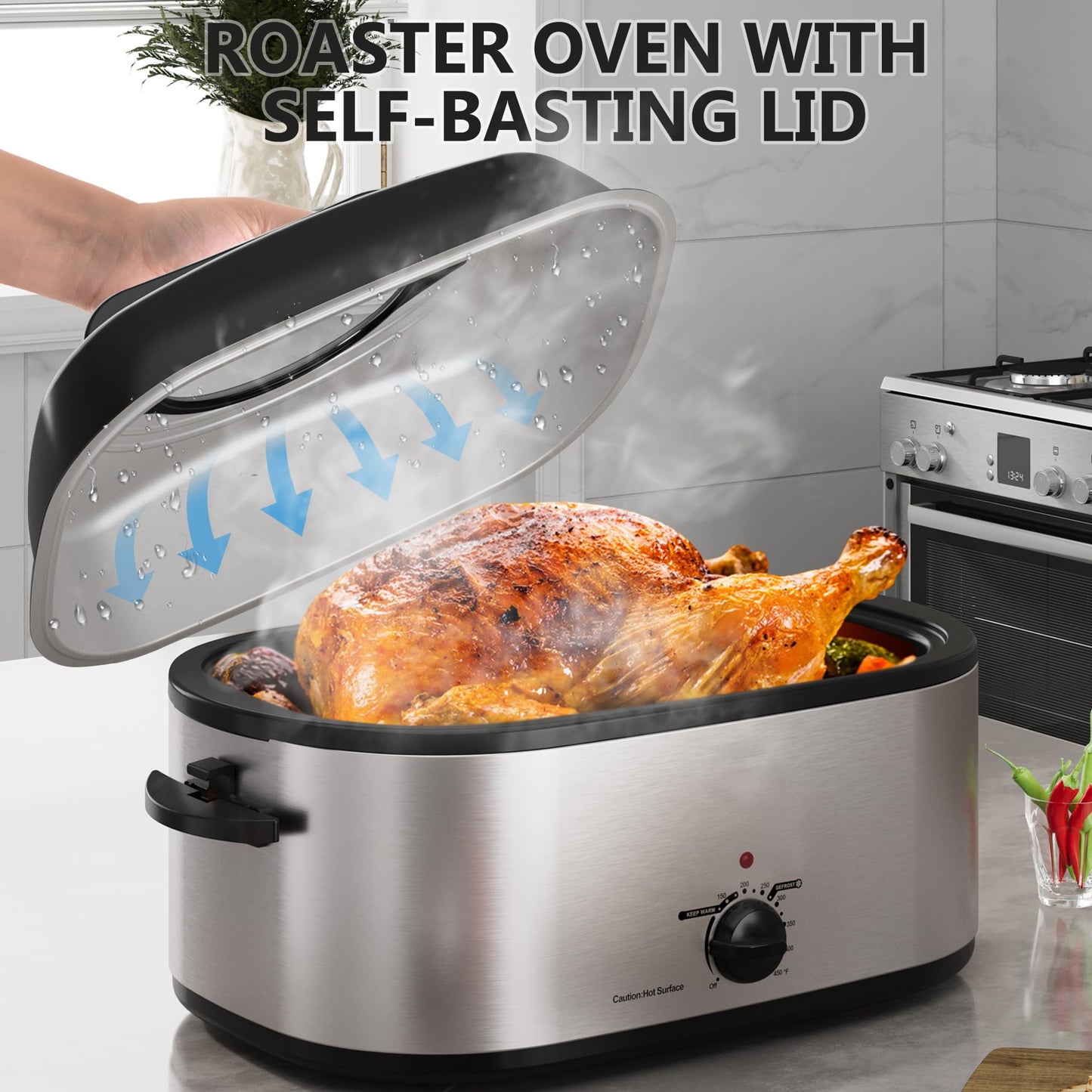 RoyalCraft Roaster Oven 28 Quart, Electric Roaster Oven with Visible & Self-Basting Lid, Turkey Roaster Oven with Removable Pan & Rack, Variable Temperature Control, Stainless Steel, Silver