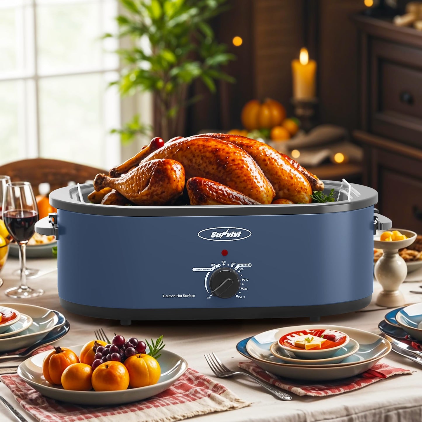 Sunvivi 20 Quart Electric Roaster Oven with Self-Basting Lid, Blue