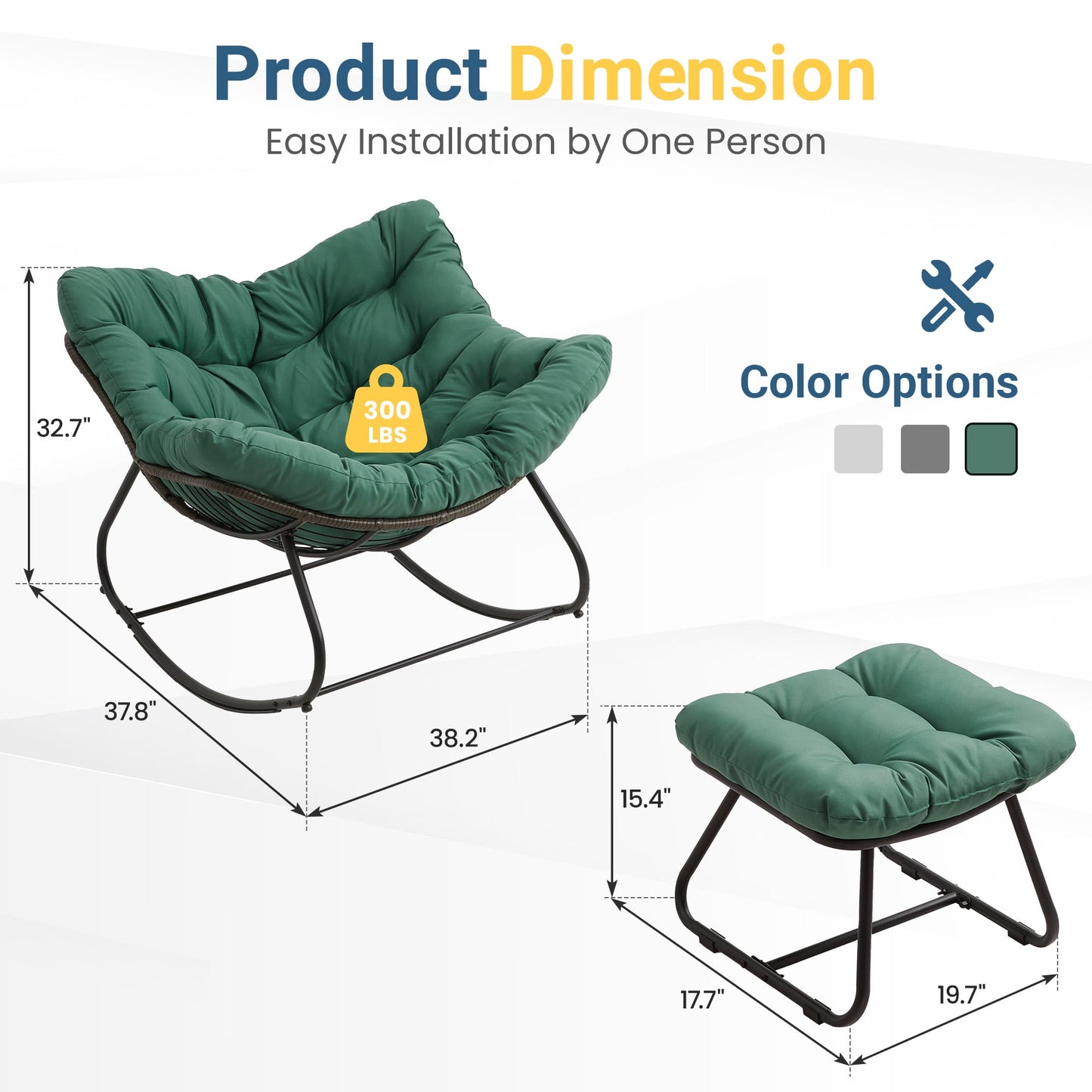 Heynemo Patio Rocking Chair with Ottoman for Outdoor & Indoor, Outdoor Wicker Papasan Chair with Thick Cushions for Garden, Porch, Green