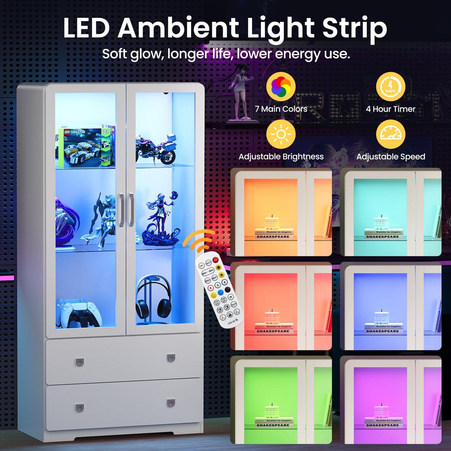 Heynemo 64'' Tall Display Cabinet with Acrylic Doors and LED Lights, White
