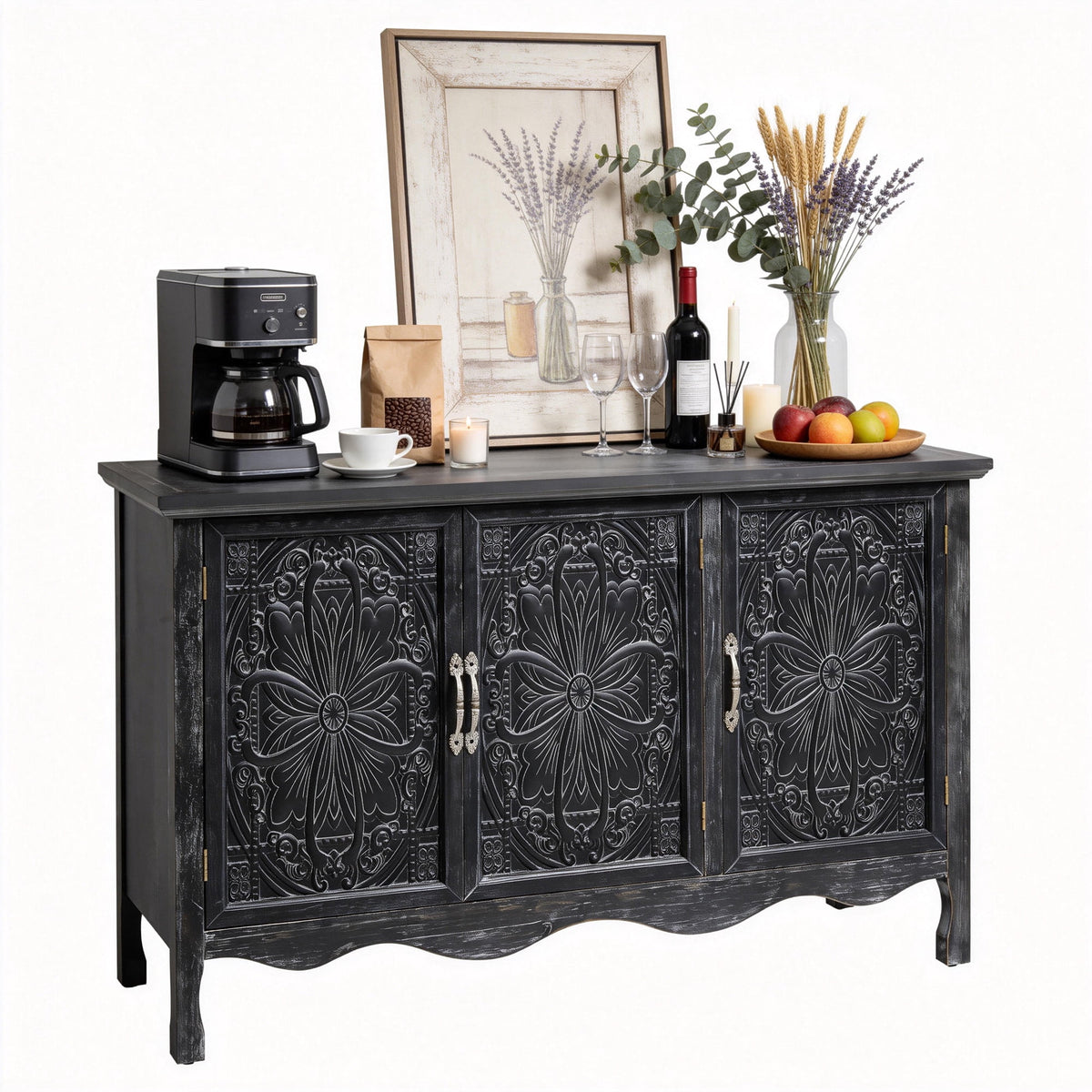 Heynemo Vintage Sideboard Buffet Cabinet with 3 Carved Doors and Adjustable Shelves, Wood Credenza for Kitchen, Dining Room, Living Room, Bedroom, Black