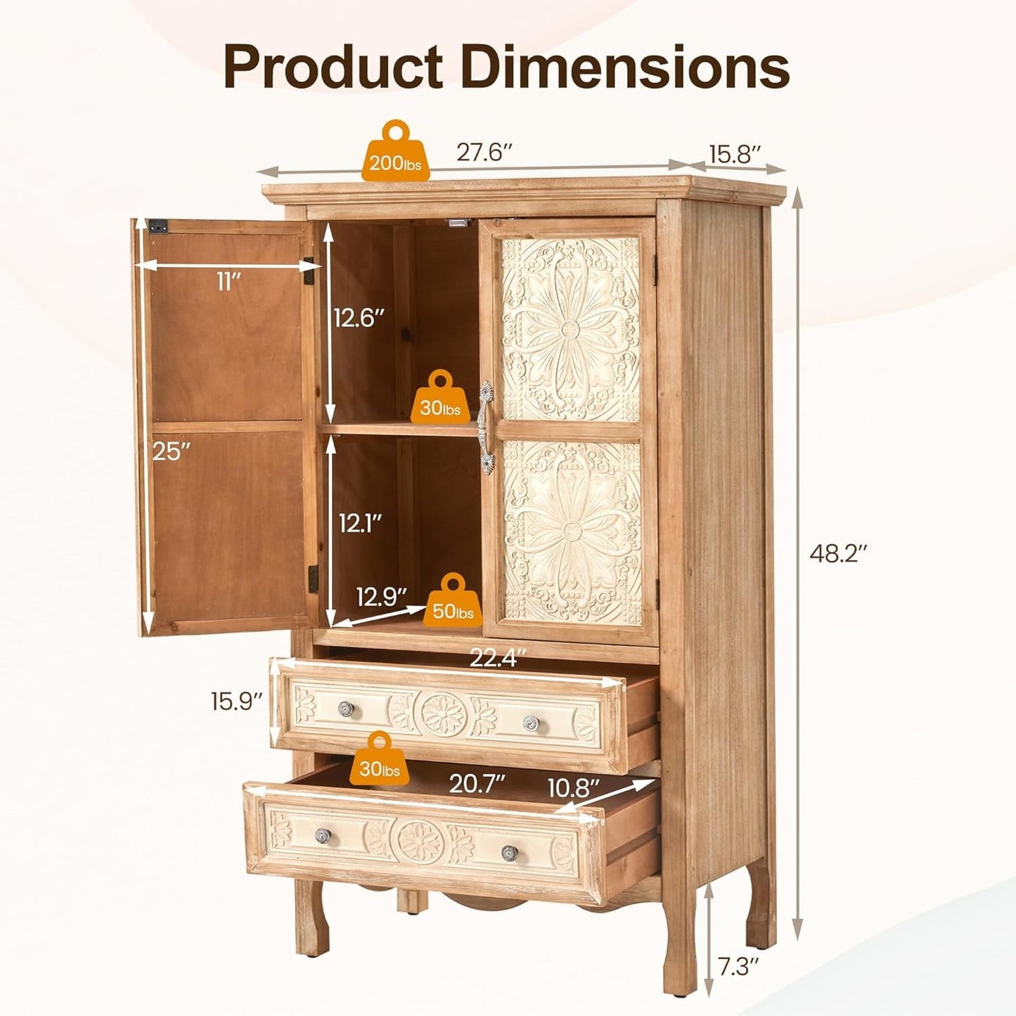 May in Color Kitchen Pantry Storage Cabinet, 48" Tall Pantry Cabinet with 2 Doors and 2 Drawers, for Kitchen, Dining Room, Living Room, Natural