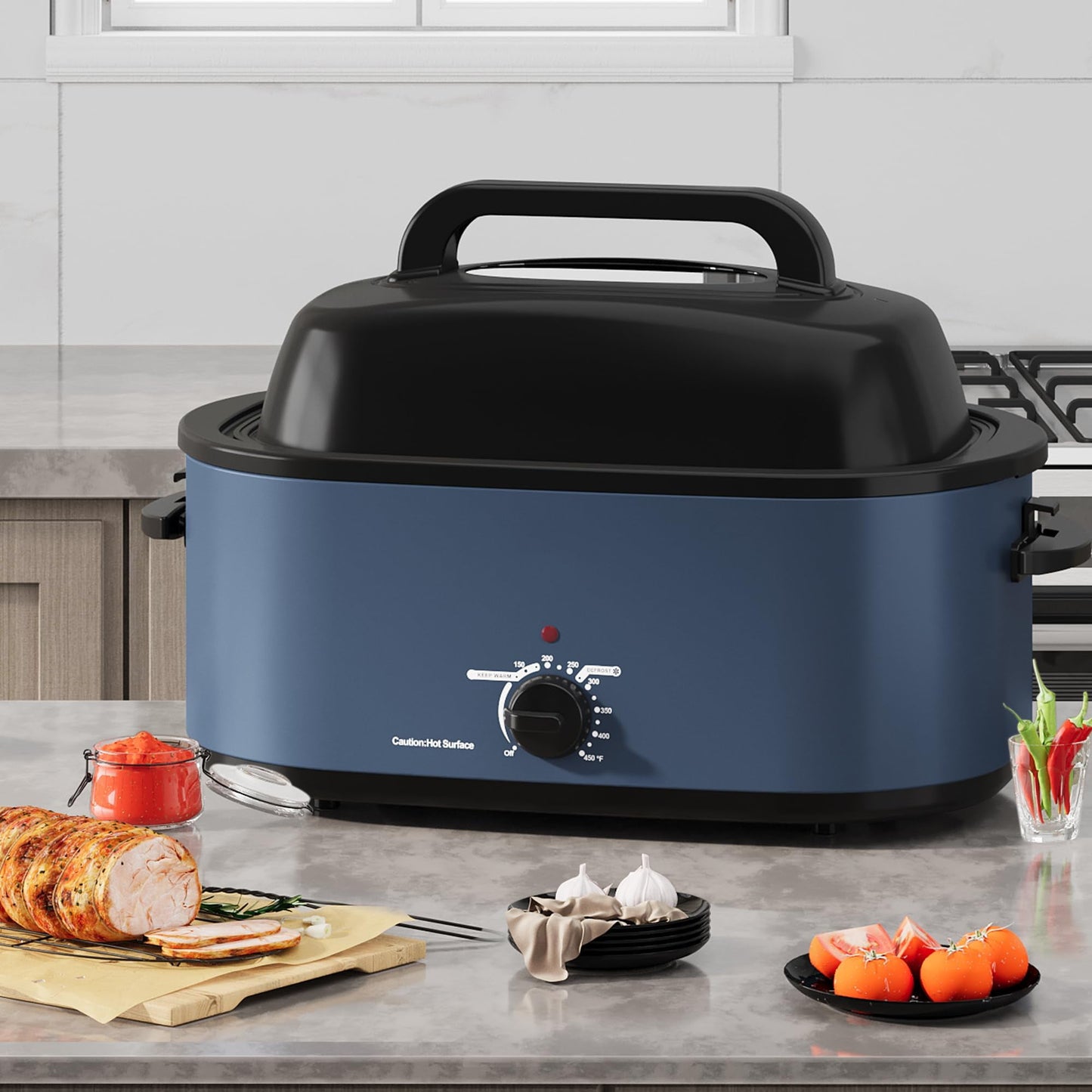 Sunvivi 22 Quart Electric Turkey Roaster Oven with Visible Glass Lid,Removable Pan & Rack, Stainless Steel, Black