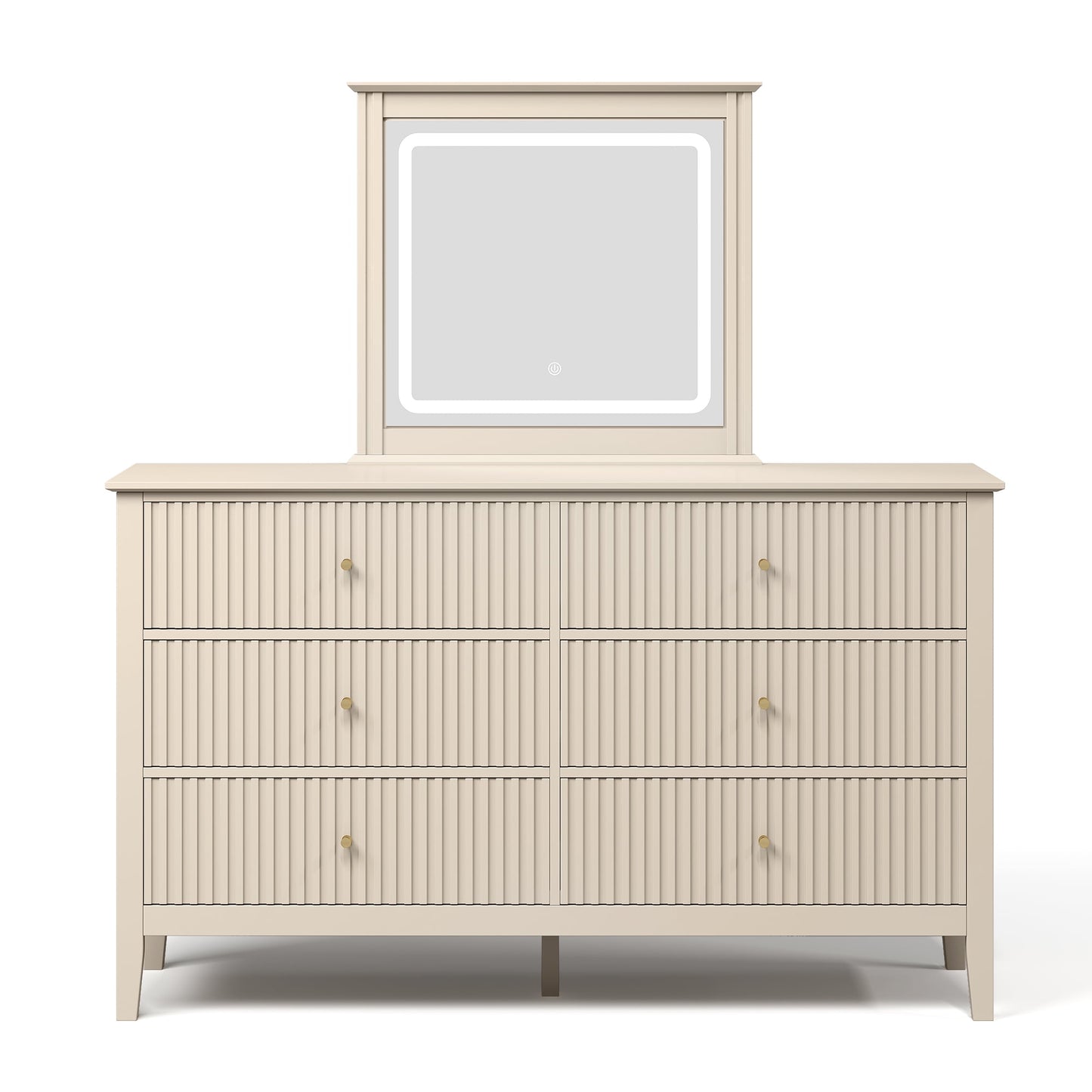 Heynemo Fluted 6 Drawer Dresser with Lighted Mirror, Wide Modern Chests of Drawers for Bedroom, Living Room, Hallway, Beige
