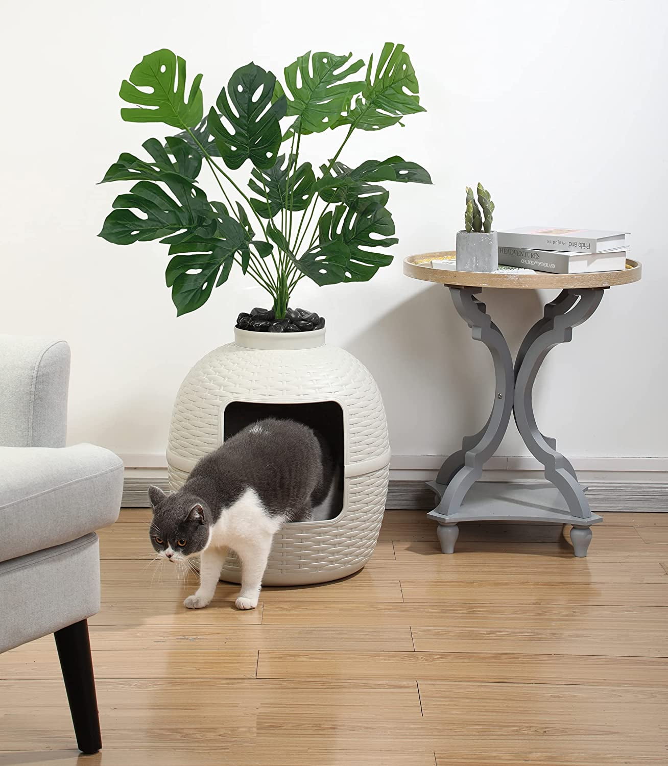 CozyHom Cat Hidden Litter Box Furniture, Artificial Plant Hidden Calley, Ventilated Waterproof And Odor Resistant, 3.3lbs Real Stone Block For Large Cats, White
