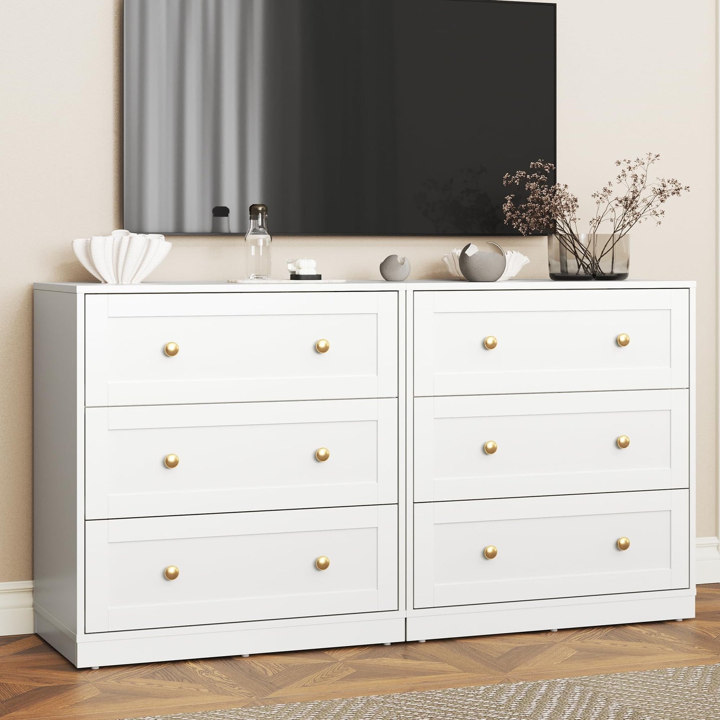 May in Color White 3 Drawer Dresser Set of 2, Modern Chest of Drawers with Gold Dresser Knobs, for Bedroom, Hallway, Closets, Living Room