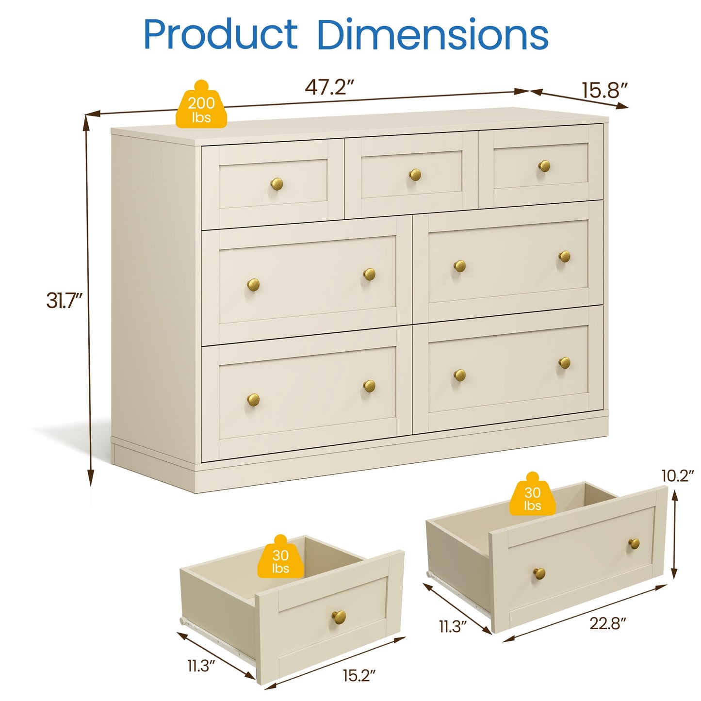May in Color Dresser for Bedroom with 7 Drawers, Wood Drawer Organizer for Bedroom, Living Room, Hallway, Beige