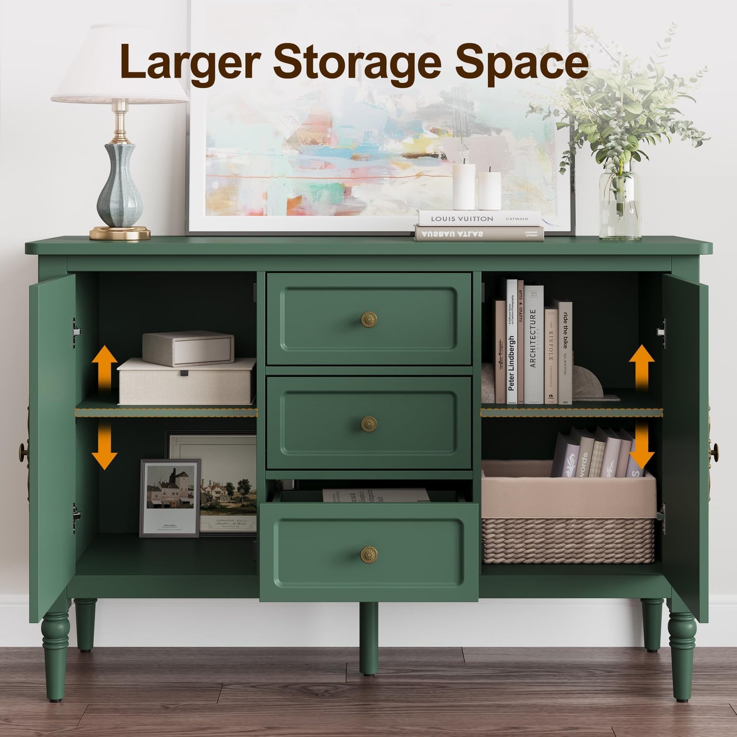 May in Color Storage Cabinet with 2 Doors & 3 Drawers, Mid-Century Sideboard Cabinet with Adjustable Shelves, Wood Buffet Cabinet with Turned Legs, Ideal for Entryway, Living Room, Dining Room, Green