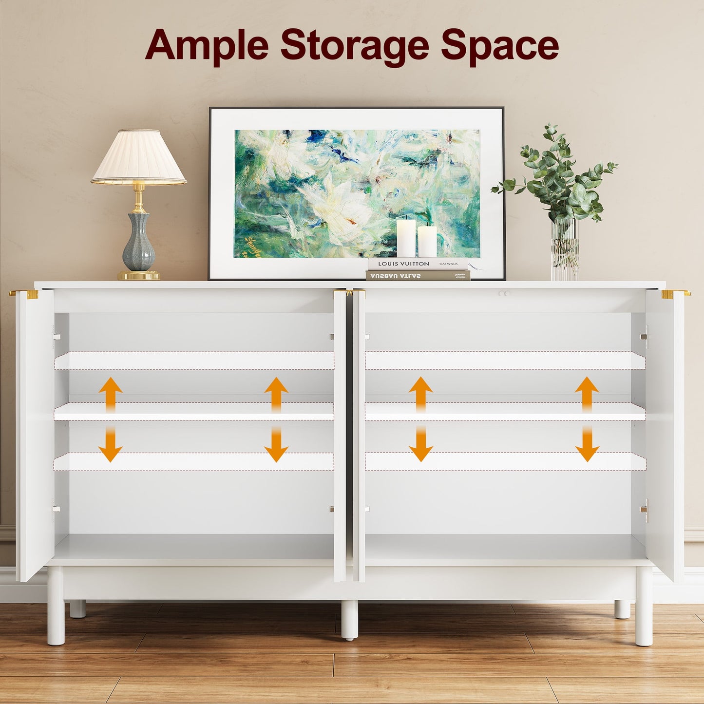May in Color 55'' Buffet Cabinet with Fluted Door and Adjustable Shelves, Wood Credenzas Coffee Bar Cabinet for Kitchen, Dining Room, Living Room, White