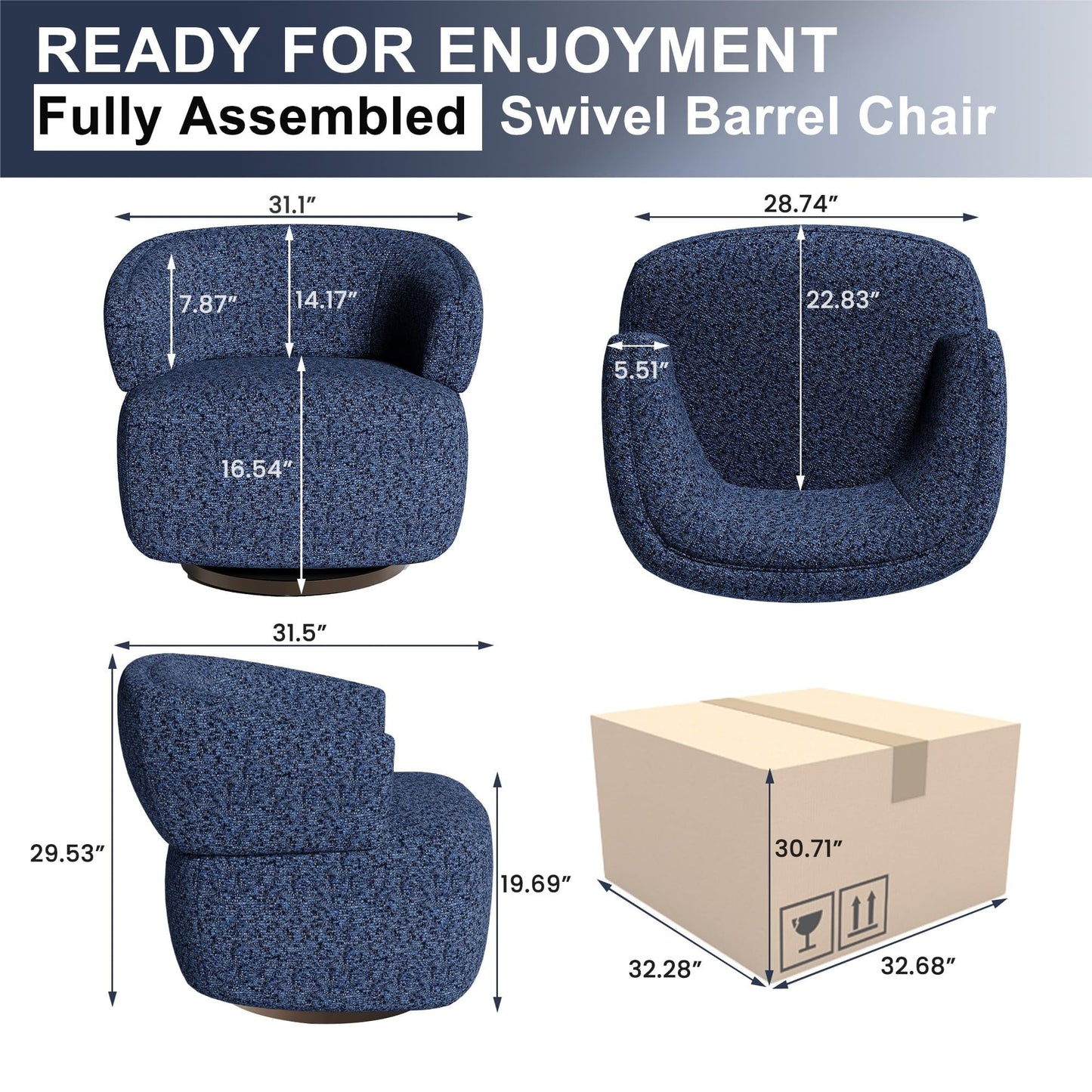 RoyalCraft Swivel Accent Chair, Fully Assembled Round Barrel Chairs, Oversized Upholstered Armchair with 360-Degree Base, Modern Club Chair for Living Room, Bedroom, Office, Blue