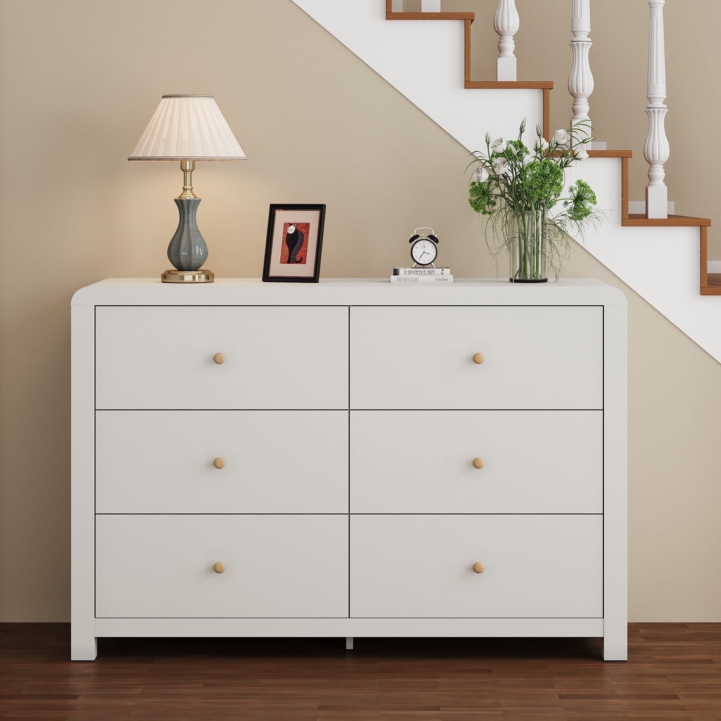 May in Color Modern 6-Drawer Chest of Drawers, with Rounded Corners, White, 47 in