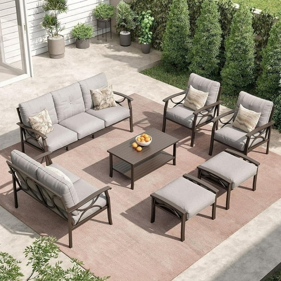 May in color Metal Outdoor Couch, All-Weather Metal Patio 3-seat Sofa with Soft Thick Cushions, Patio Sofa Couch for Porch Backyard Garden, Grey
