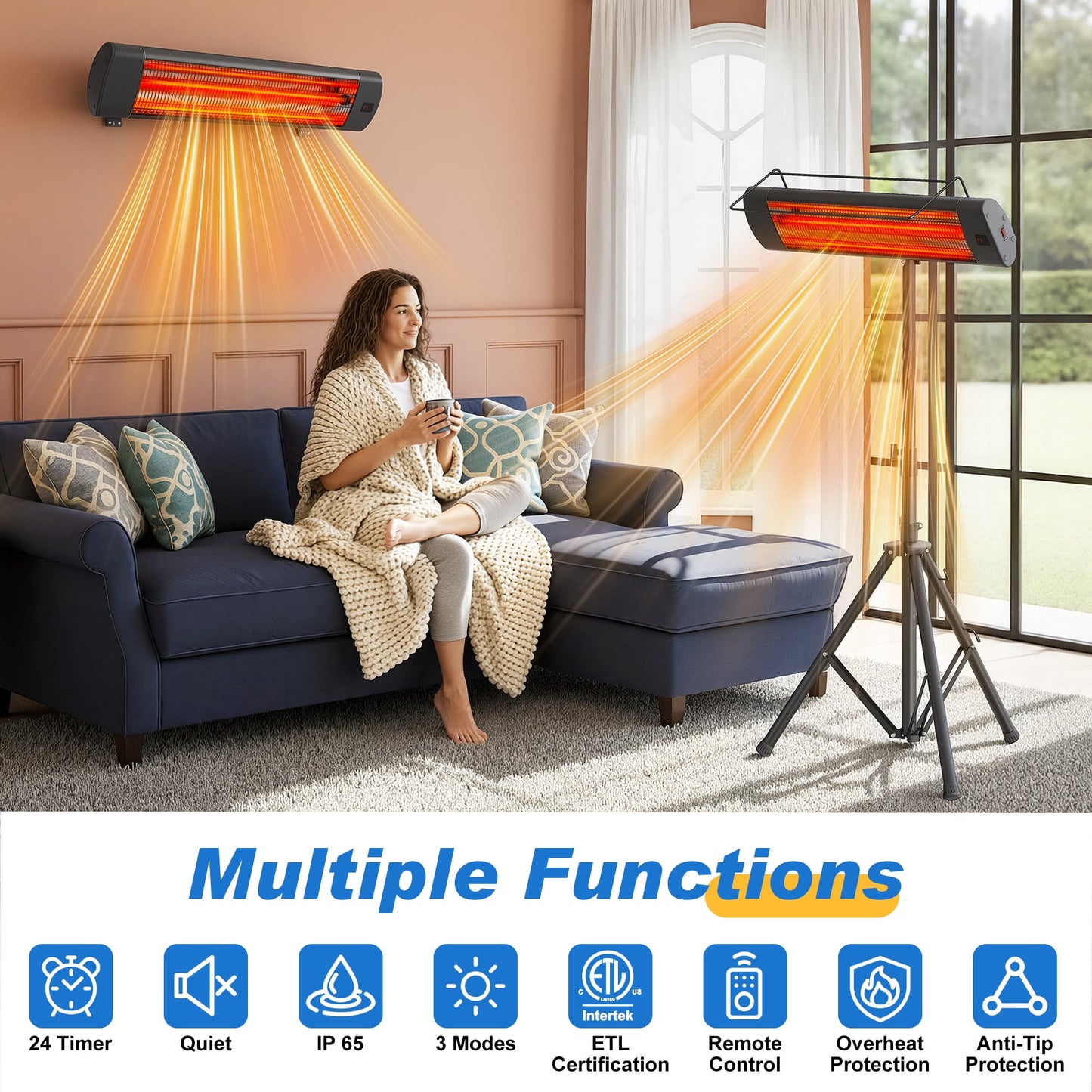 Heynemo Patio Heater for outdoor/Indoor Use, 1500W Electric Infrared Heater with 24H Timer, IP65 Waterproof, Tip-over Protection, Electric Outdoor Heater with Tripod for Garage, Backyard