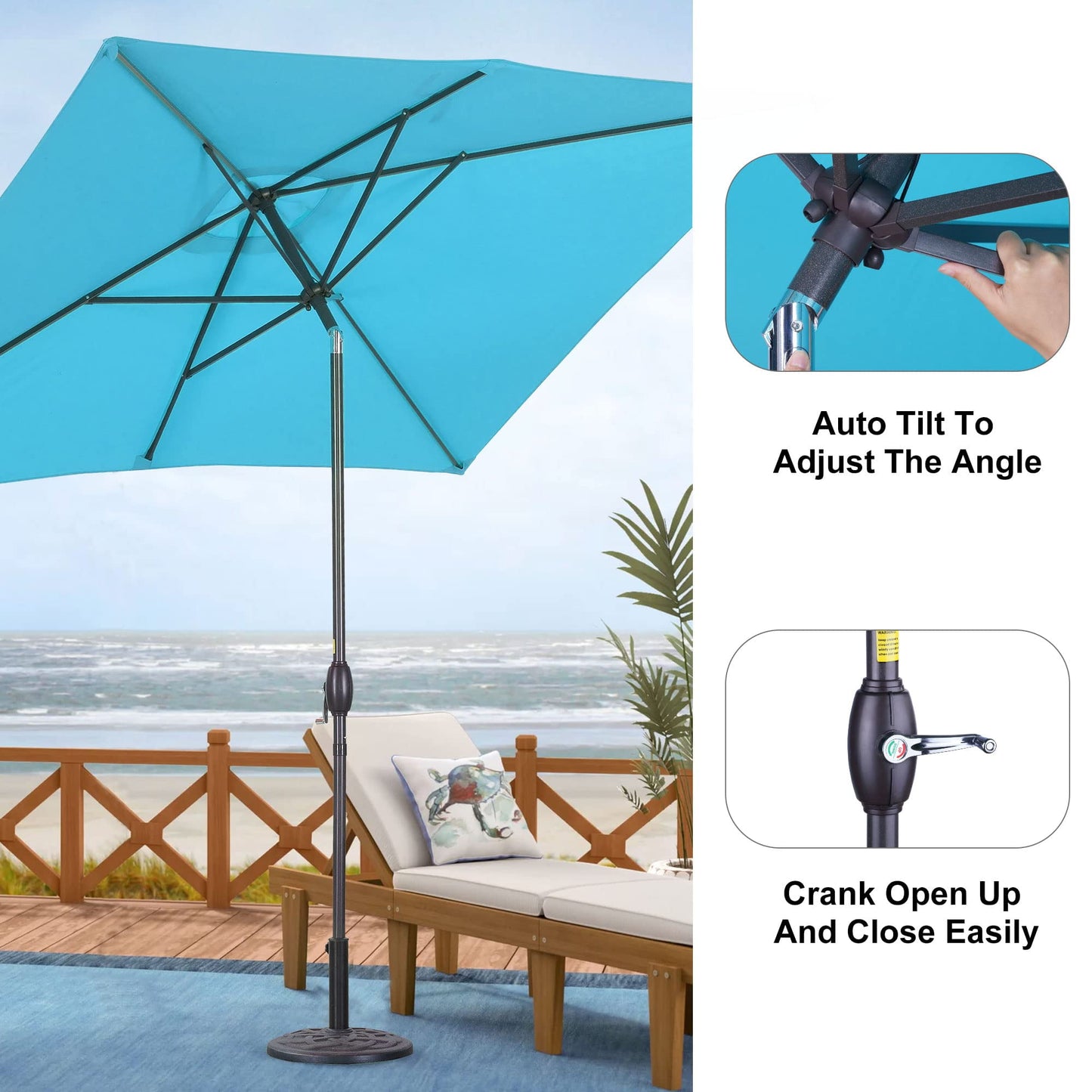 Heynemo Rectangular Patio Umbrella 10' x 6.5' with Hand Crank, Outdoor Market Umbrella with Waterproof Cover for Garden, backyard and Deck, Light Blue
