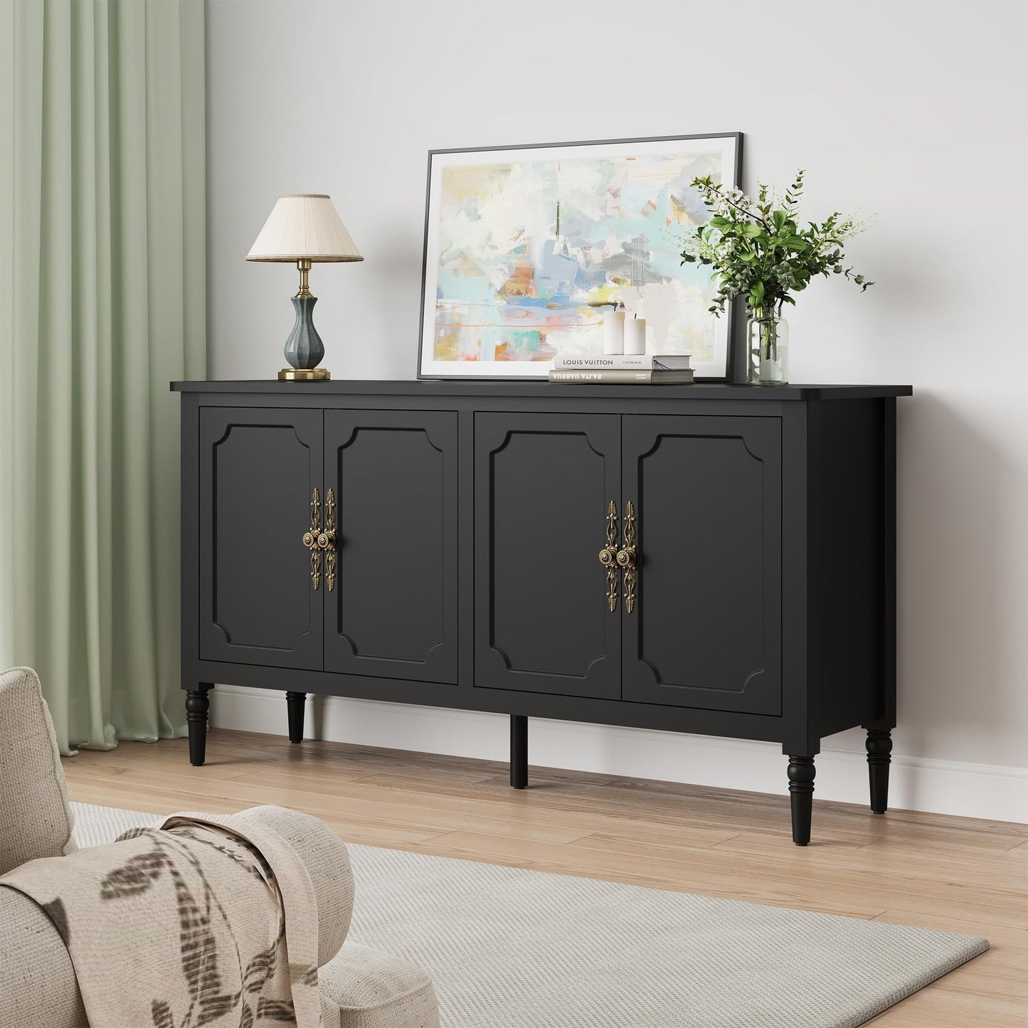 May in Color Buffet Sideboard Table Set of 2, 59'' Mid Century Modern Console Table, Media Cabinet with 4 Doors, Accent Cabinet Wood Sideboard, for Entryway, Living Room, Dining Room, Black