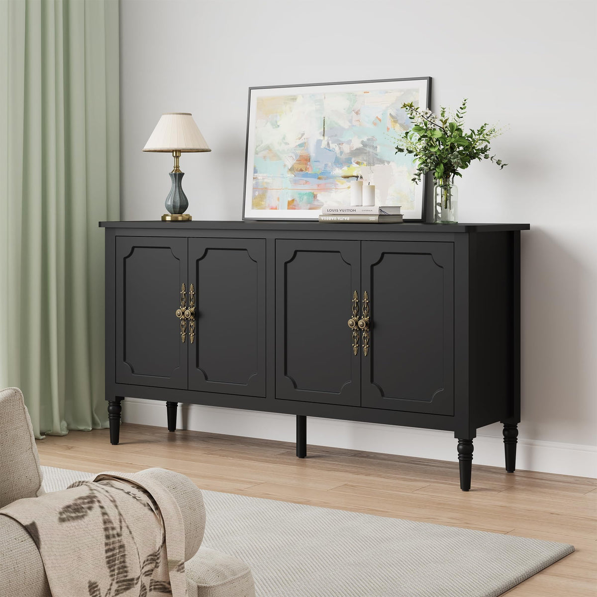 May in Color Buffet Sideboard Table Set of 2, 59'' Mid Century Modern Console Table, Media Cabinet with 4 Doors, Accent Cabinet Wood Sideboard, for Entryway, Living Room, Dining Room, Black