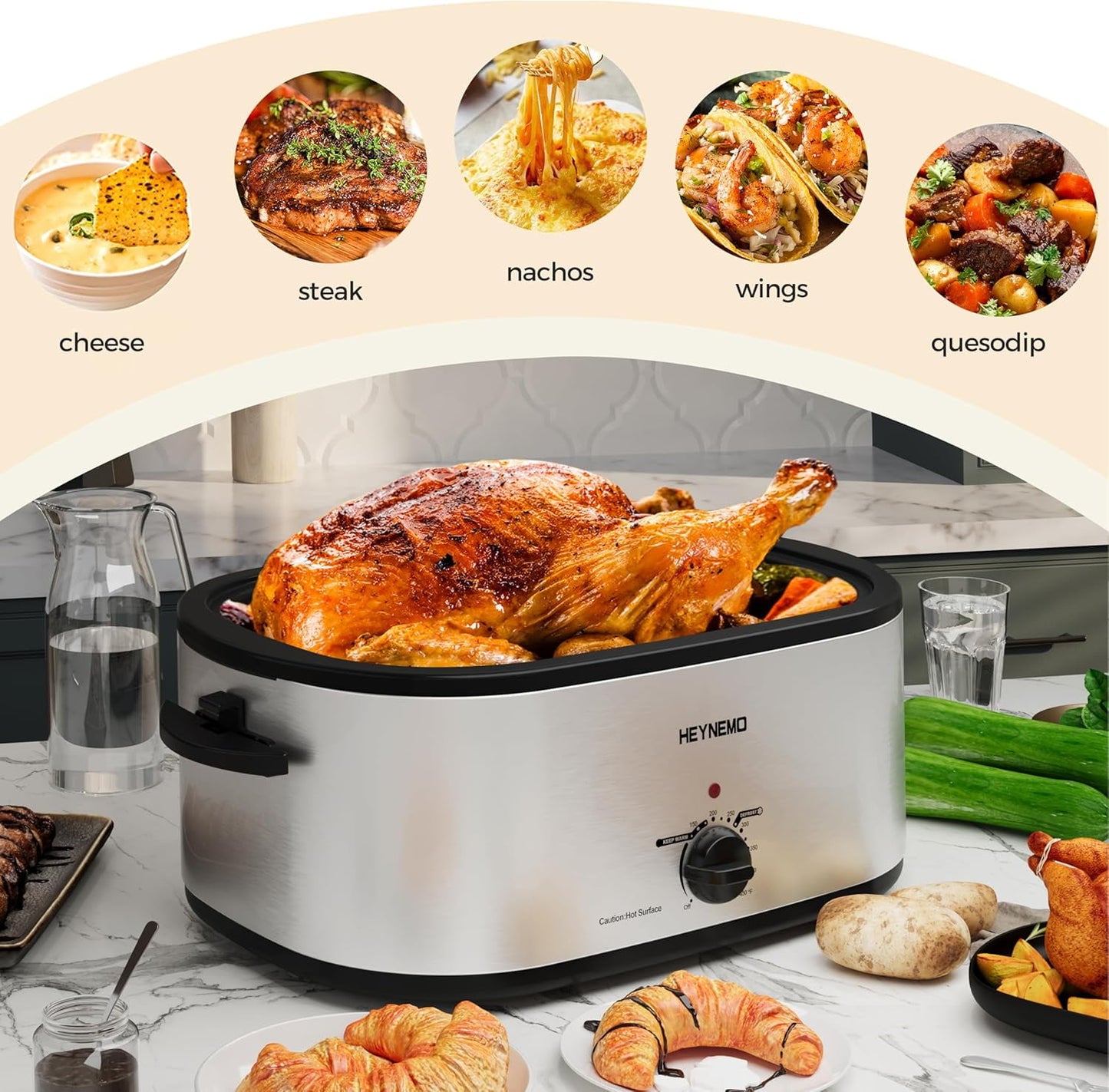 Superjoe 22 Quart Electric Roaster Oven with Visible & Self-Basting Lid, Large Turkey Roaster with Defrost Warm Function, Adjustable Temperature, Removable Pan Rack, Stainless Steel