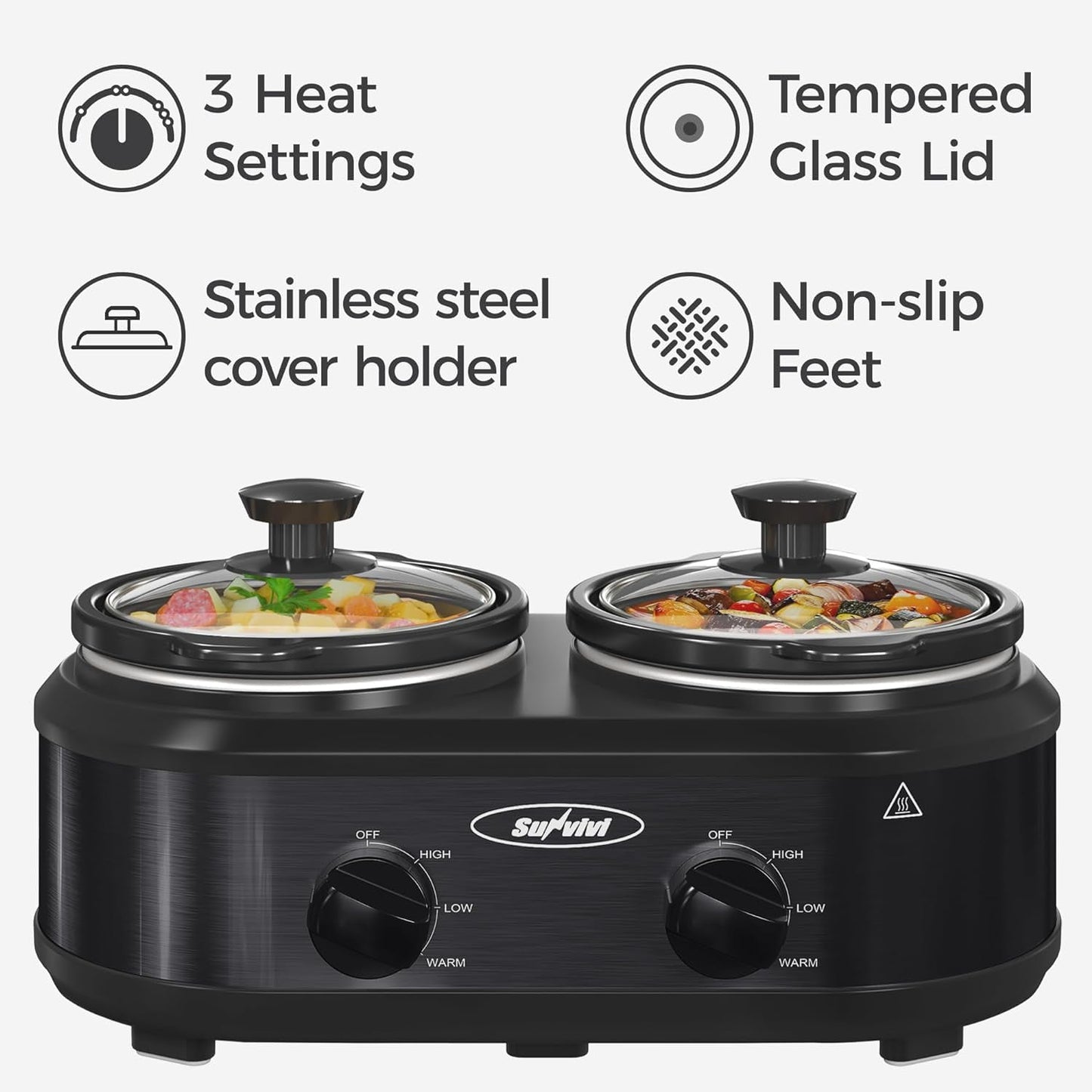 Sunvivi Double Slow Cooker Mini Buffet Server - Dual 2.5QT Pots, Stainless Steel, Black