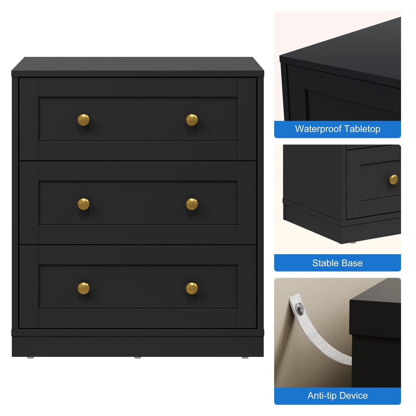 May in Color Black Nightstands Set of 2, Modern 3-Drawer Bedside Tables with Gold Knobs, Wooden End Tables for Bedroom, Living Room, Hallway, or Closet