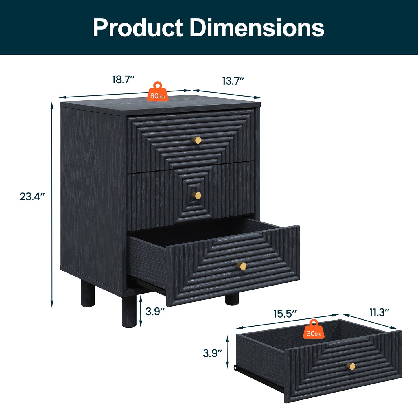 Heynemo Nightstand with 3 Drawers Set of 2, Modern Chest of Drawers for Bedroom, Living Room, Entryway, Black