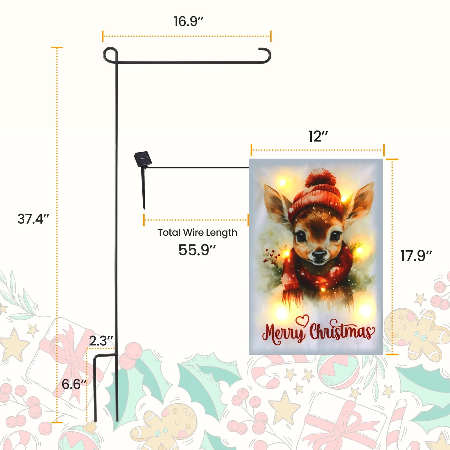 Heynemo Christmas Solar Garden Flag with Lights, Led 12"x18" Double-Sided Reindeer Yard Flag, Winter Decor for Lawn, Porch, Path