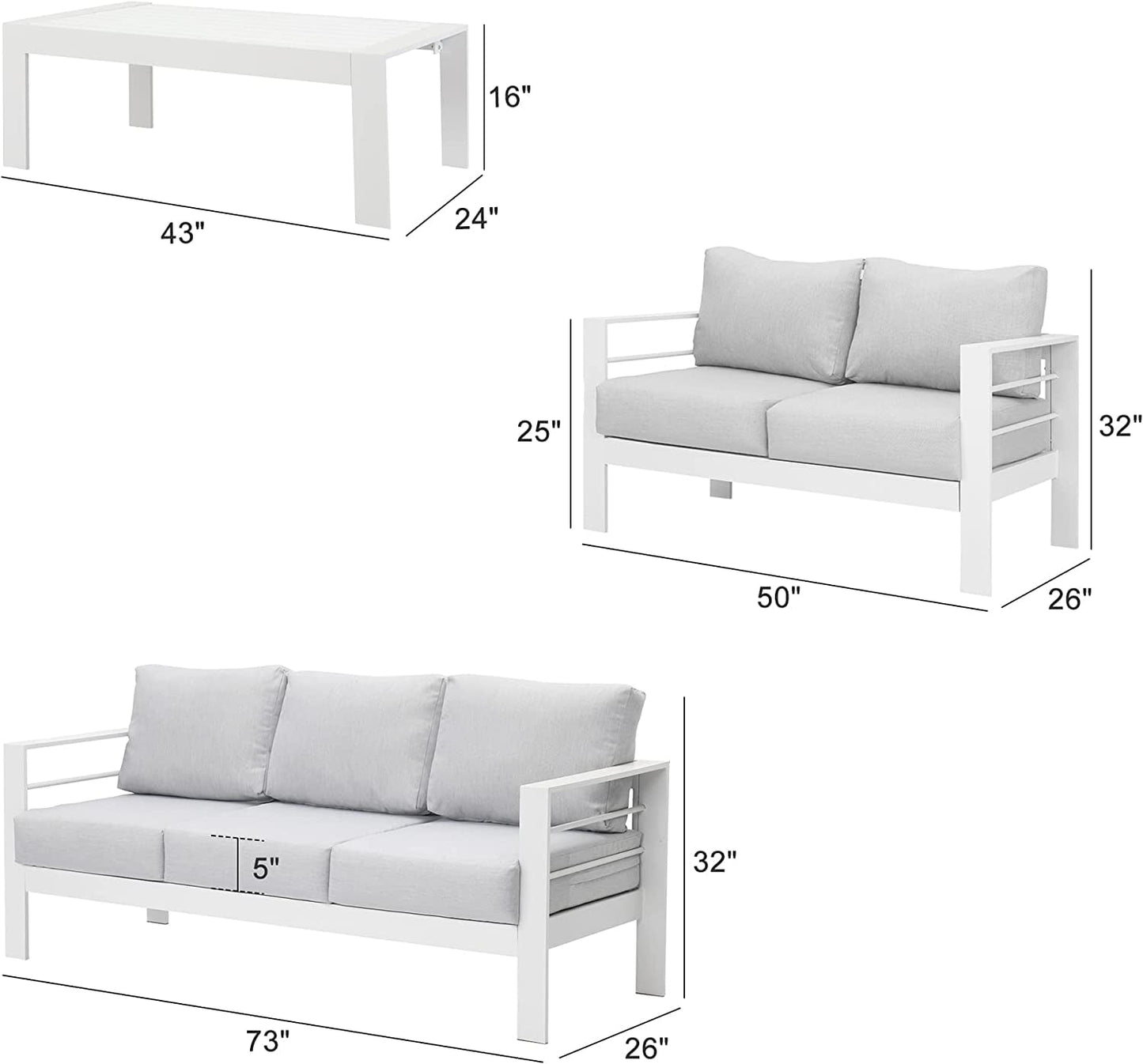 Heynemo 4 Pcs 7 Seats Outdoor Furniture Sofa Set Aluminum Patio Conversation Set With Coffee Table and 5 Inches Cushions, White