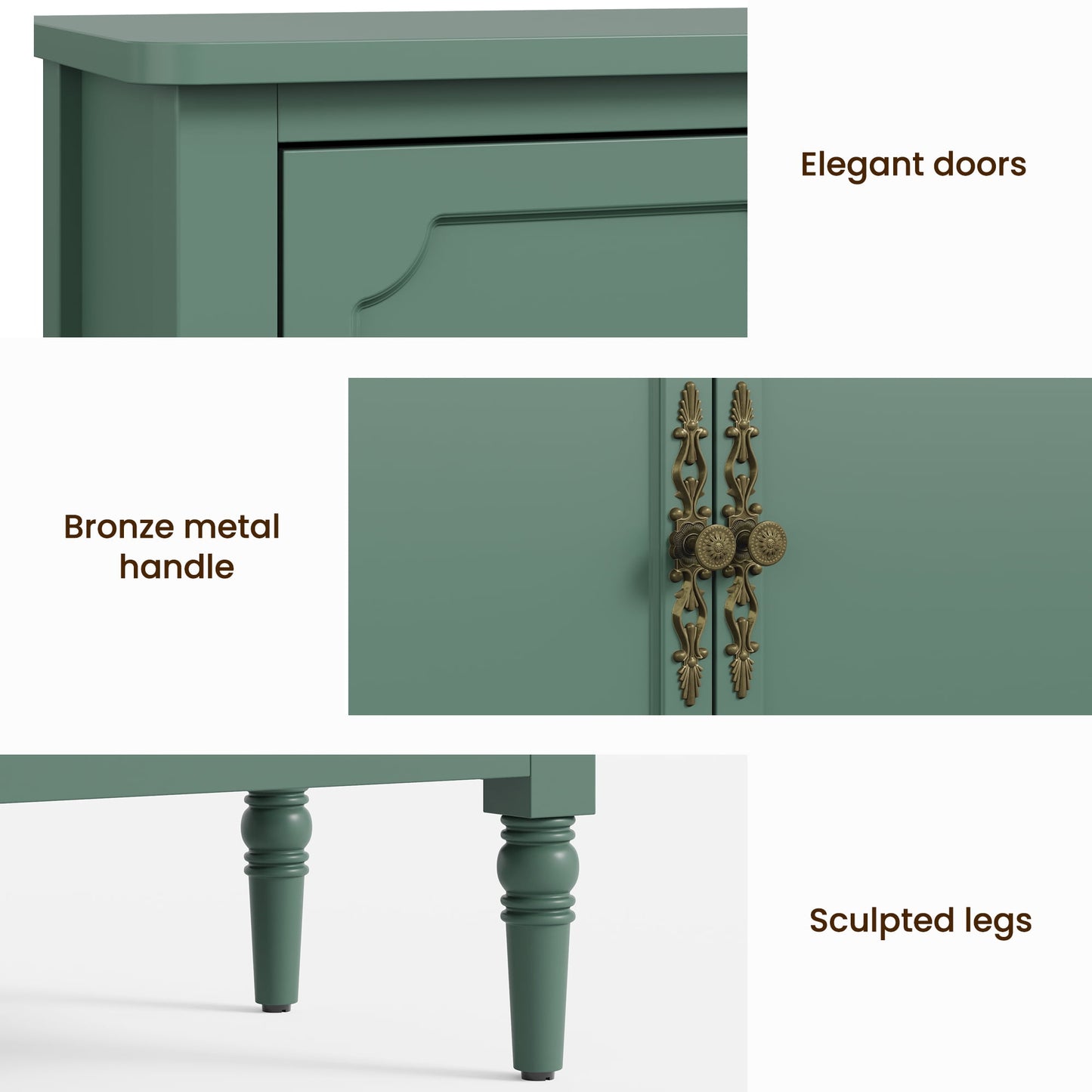 Heynemo 3-Door Storage Cabinet with Adjustable Shelves, Accent Sideboard Cabinet with Turned Legs, Wood Pantry Cabinet, Mid-Century Buffet Cabinet for Entryway, Living Room, Dining Room, Green