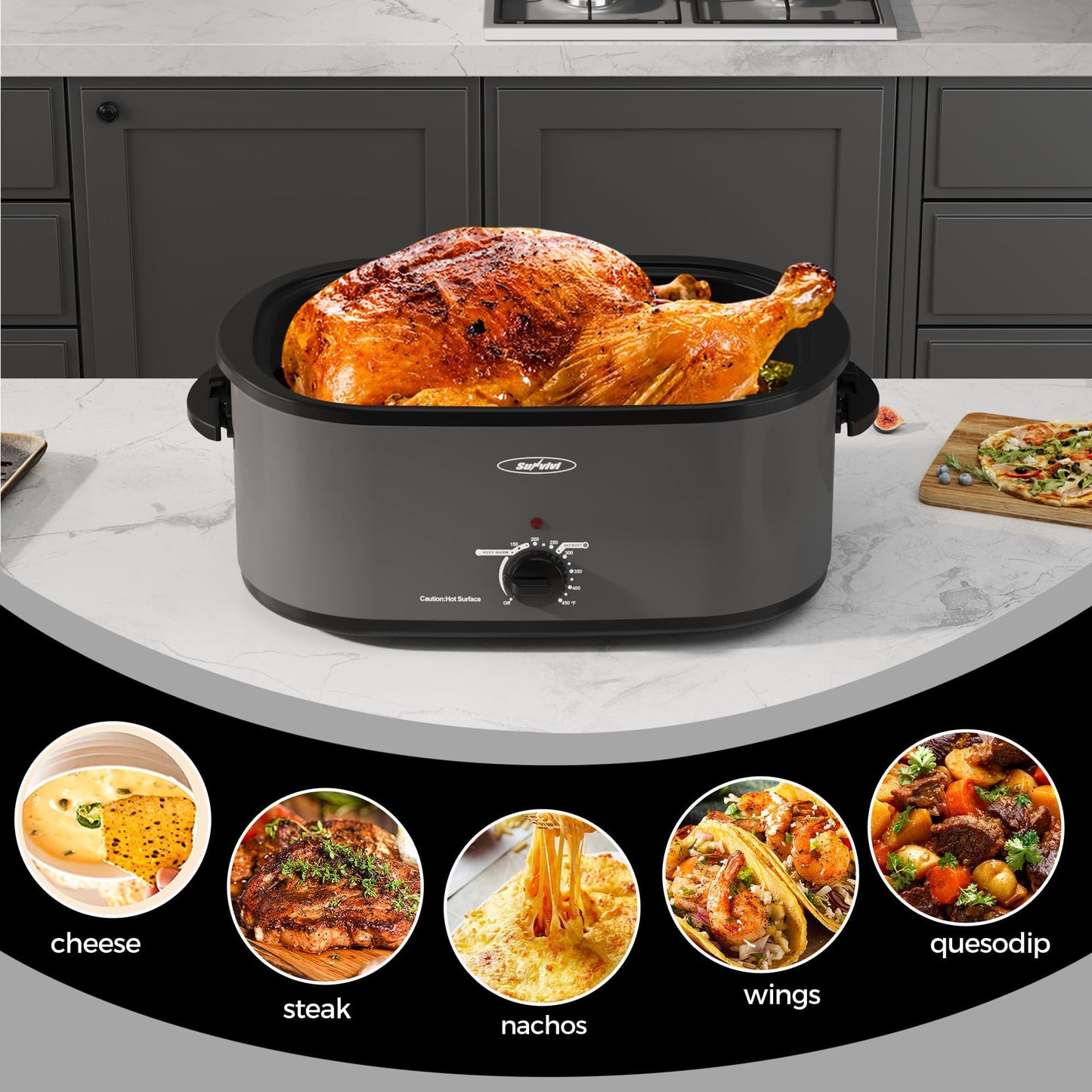 RoyalCraft 26 Quart Electric Roaster Oven Turkey Roaster with Lid Electric Roasters with Removable Pan Large Roaster,Visible & Self-basting Lid, Fast Heating & Thaw/warming Setting,Grey