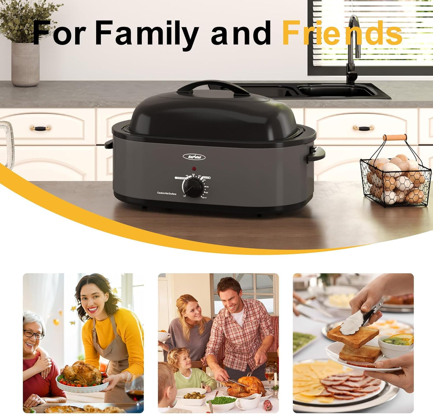 Superjoe 20 QT Electric Roaster Oven, Stainless Steel Self-Basting Lid Removable Pan, Grey