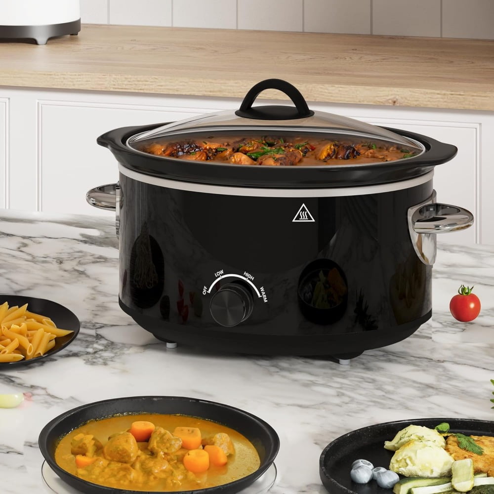 4 QT Slow Cooker, Buffet Server and Warmer with 3 Heating Modes, Compact Slow Cooker, Dishwasher-Safe Removable Ceramic Pot & Tempered Glass Lid, Stainless Steel, Black