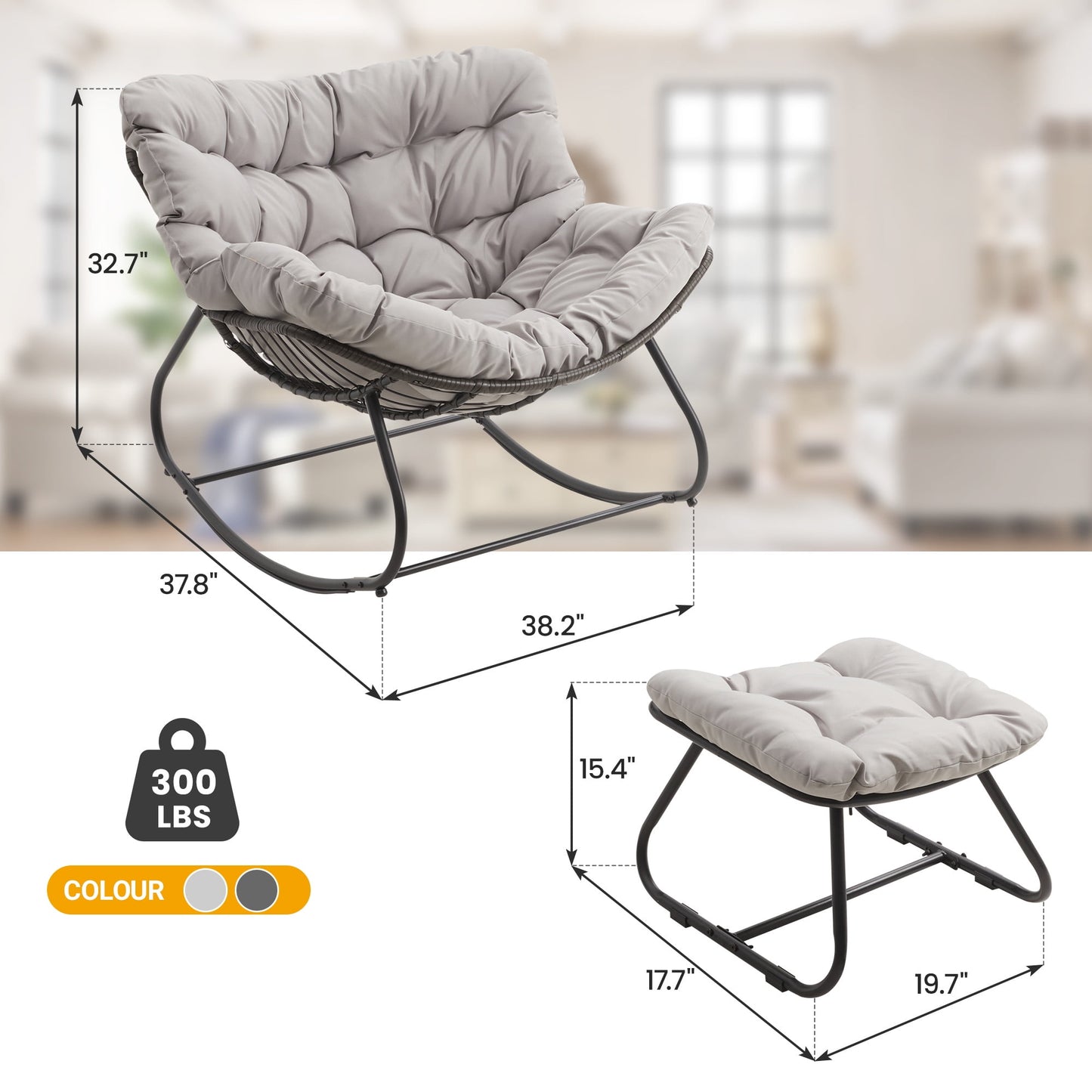 Heynemo Oversized Outdoor Wicker  Rocking Chair with Ottoman, Patio Rattan Papasan Chair with Cushion & Foot Rest for Indoor Outside Porch, Garden, Living Room