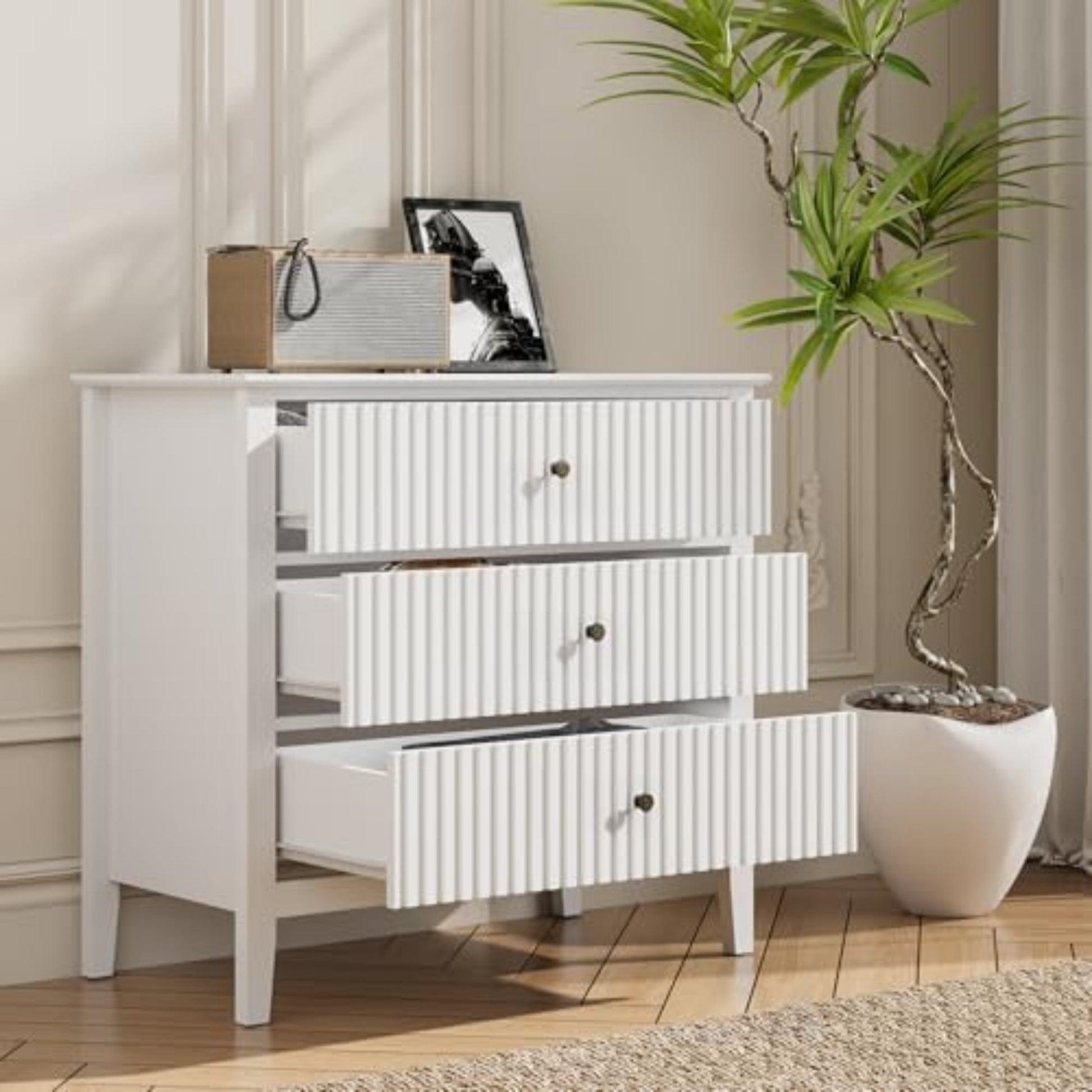 Heynemo Large White 3 Drawer Dresser, Painted 30 Inch Tall Wood Nights