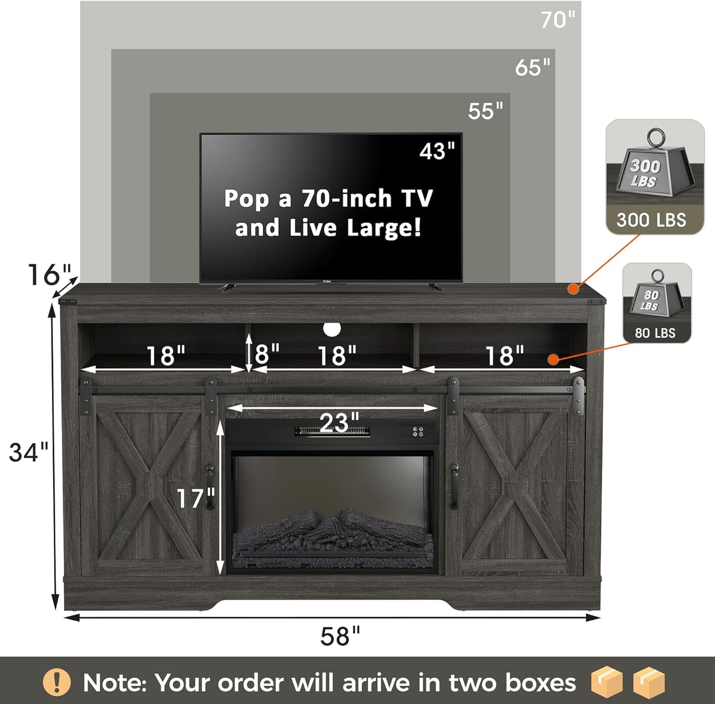 Heynemo Fireplace TV Stand for TVs up to 65", Farmhouse TV Console with Electric Fireplace, Modern Sliding Barn Door Entertainment Center for Living Room, Dark Gray