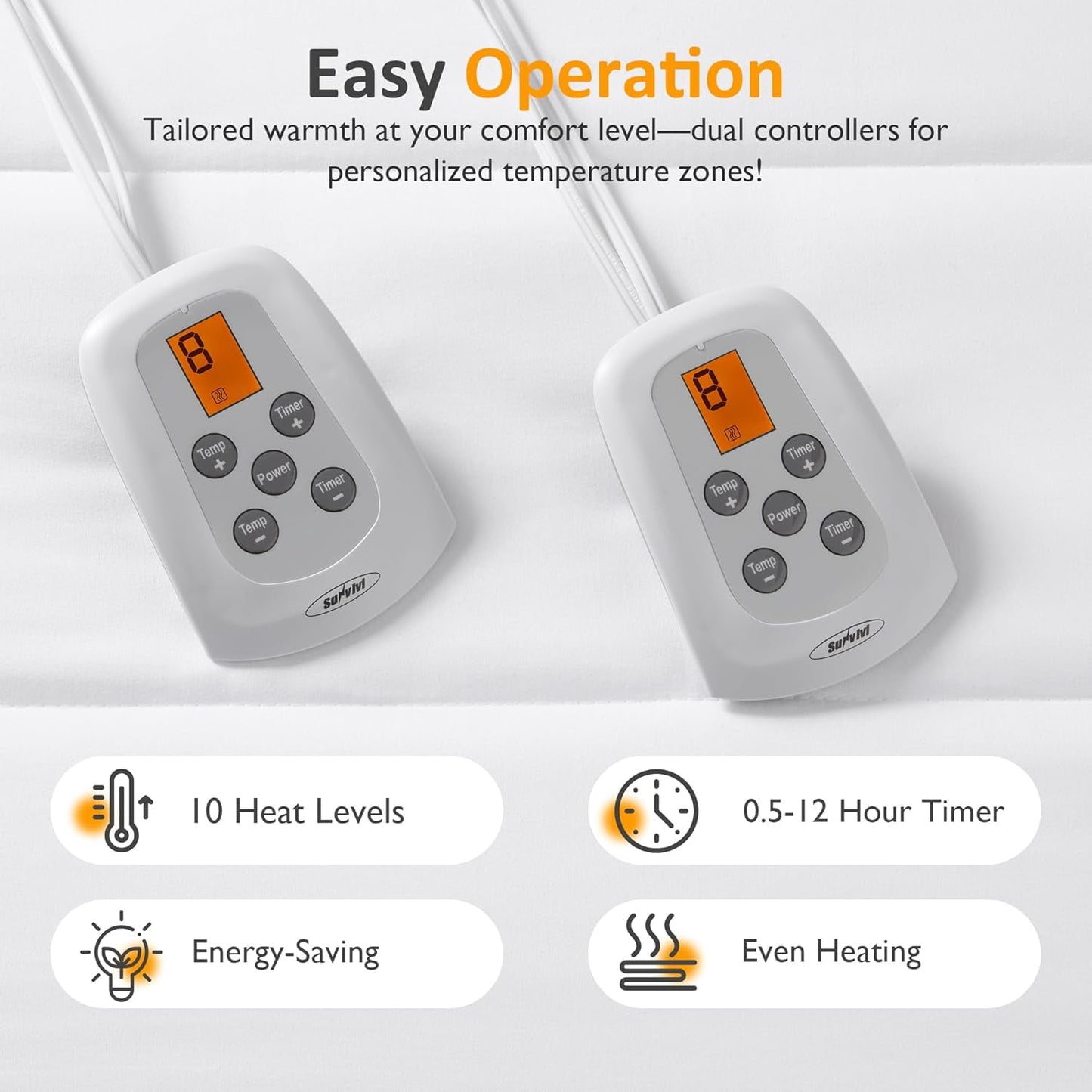 Heynemo Queen Electric Heated Mattress, Queen Size Bed Mattress Pad with Dual Controller, Full Bed Warmer with 12-Hour Timer & 10 Heat Settings, Machine Washable, 60" x 80"