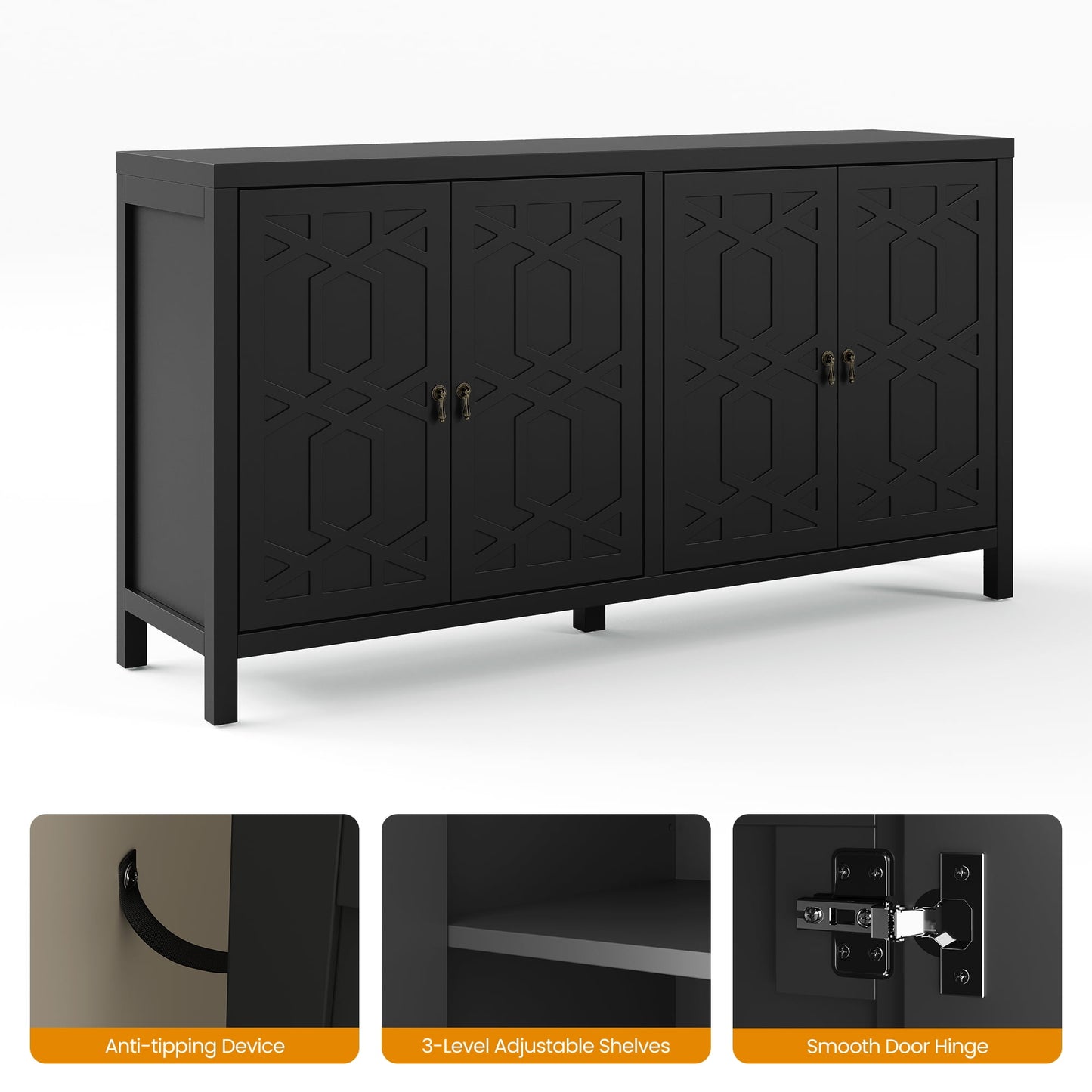 May in Color Sideboard Buffet, 58" Modern Buffet Cabinet with 4 Doors and Adjustable Shelves, for Entryway, Dining Room, Living Room, Bedroom, Black