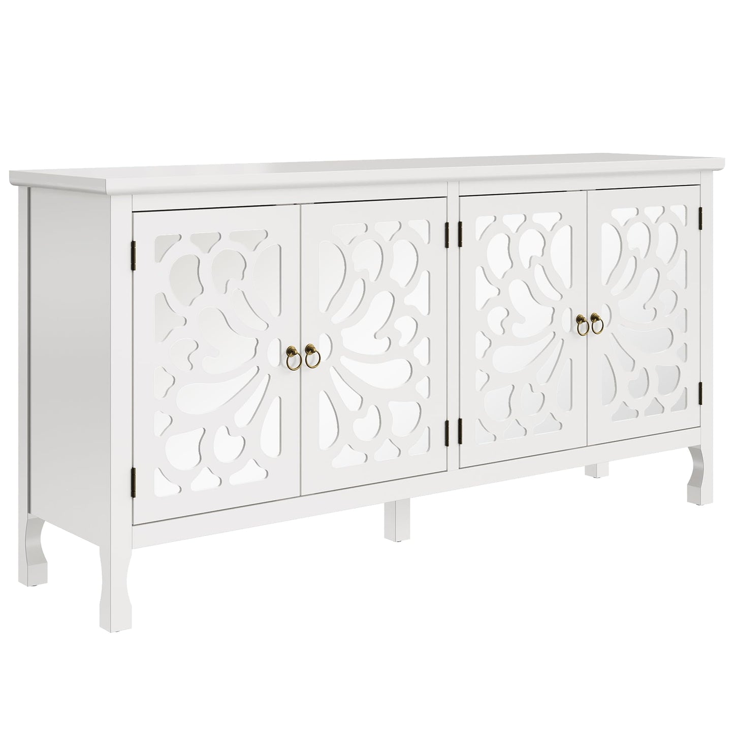 Heynemo Carved Sideboard Cabinet with Storage, 63'' Modern Buffet Cabinet with Mirrored Door and Adjustable Shelves, Accent Cabinet for Entryway, Dining Room, Living Room, White