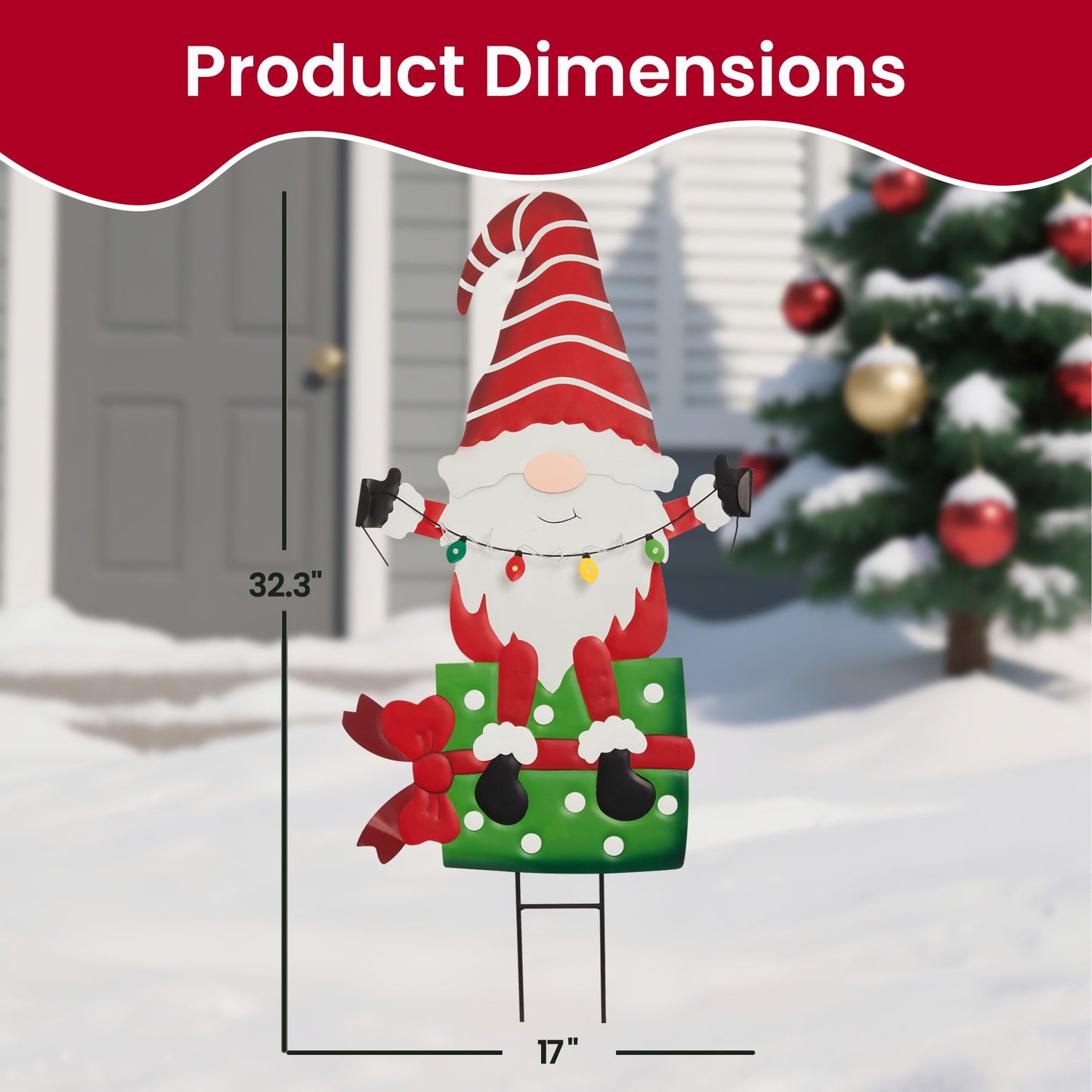 Heynemo Solar Christmas Gnome Yard Stake, Lighted Metal Holiday Garden Decoration, Waterproof Lawn & Pathway Ornament, Chimney Style