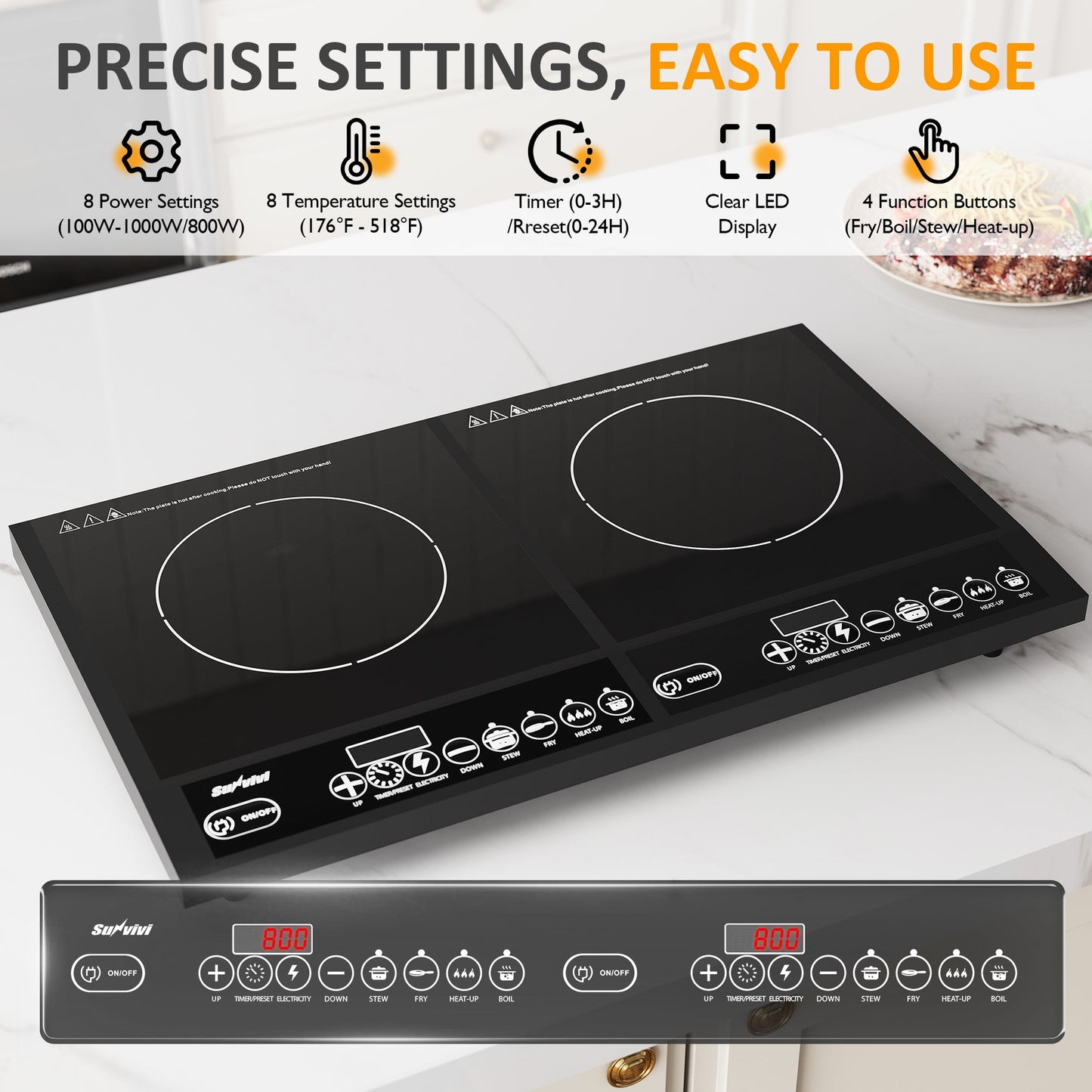Sunvivi Portable Dual Induction Cooktop, Commercial-Grade Electric Countertop Burner with Timer, Induction Hot Plate with LED Screen, 8 Power(100W-1000W/800W) & 8 Temp Setting(176°F-518°F), Black