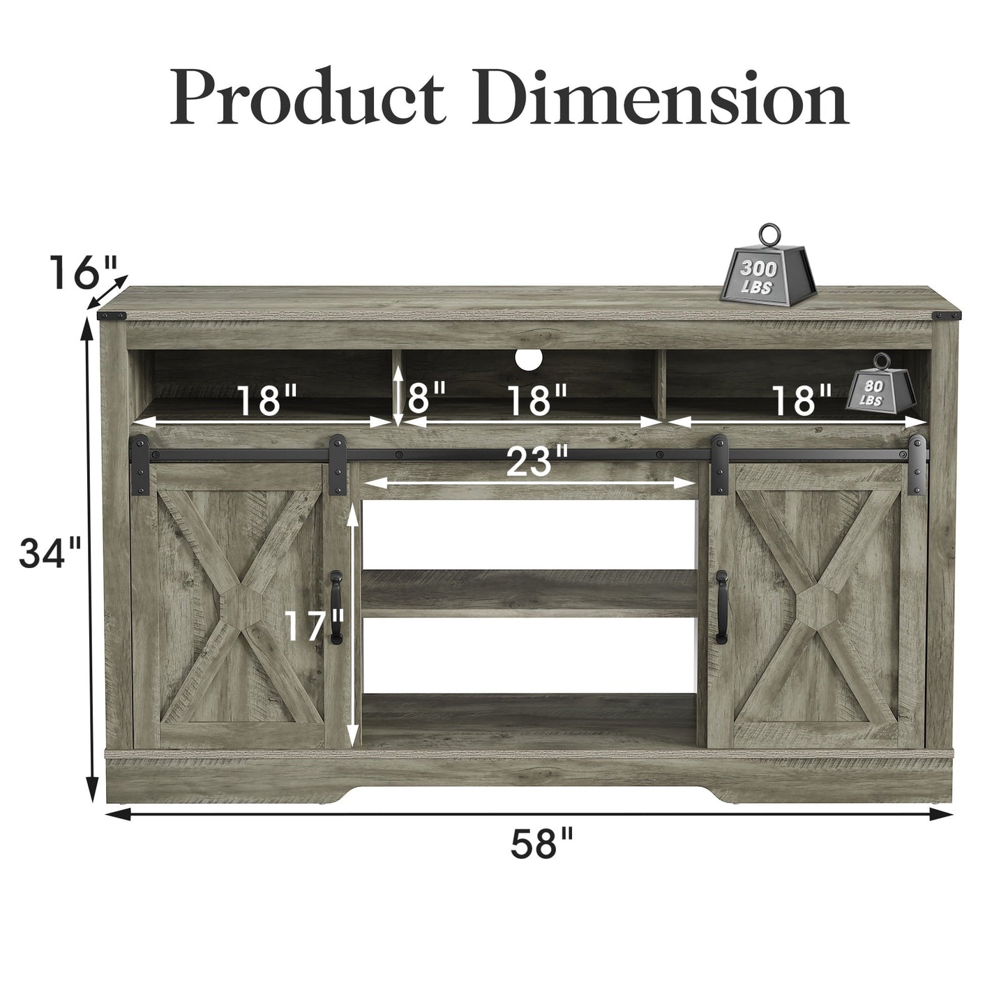 Mayincolor Farmhouse TV Stand for 65''+ Inch TV, 34'' Tall Entertainment Center, Rustic TV Console with Sliding Bar Door for Living Room (Light Grey)