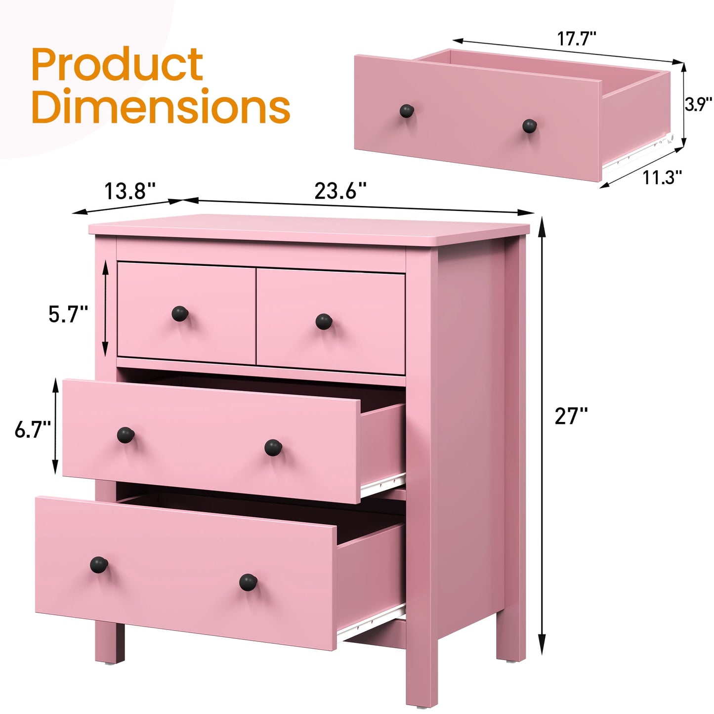 May in Color Pink 3 Drawer Dresser Set of 2 with Soft-Close Drawers, Modern Wood Chest for Bedroom, Living Room