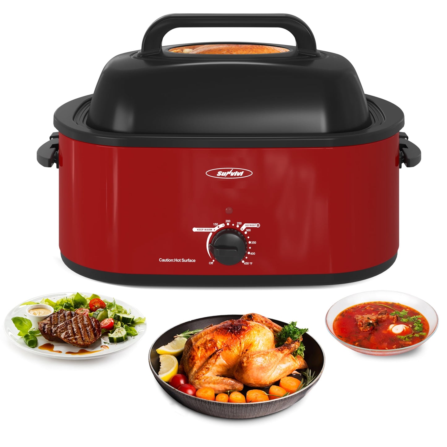 SUNVIVI 24QT Roast Turkey stove with 3-burner slow cooker and 2-burner slow cooker Kitchen set ,Stainless Steel,Red
