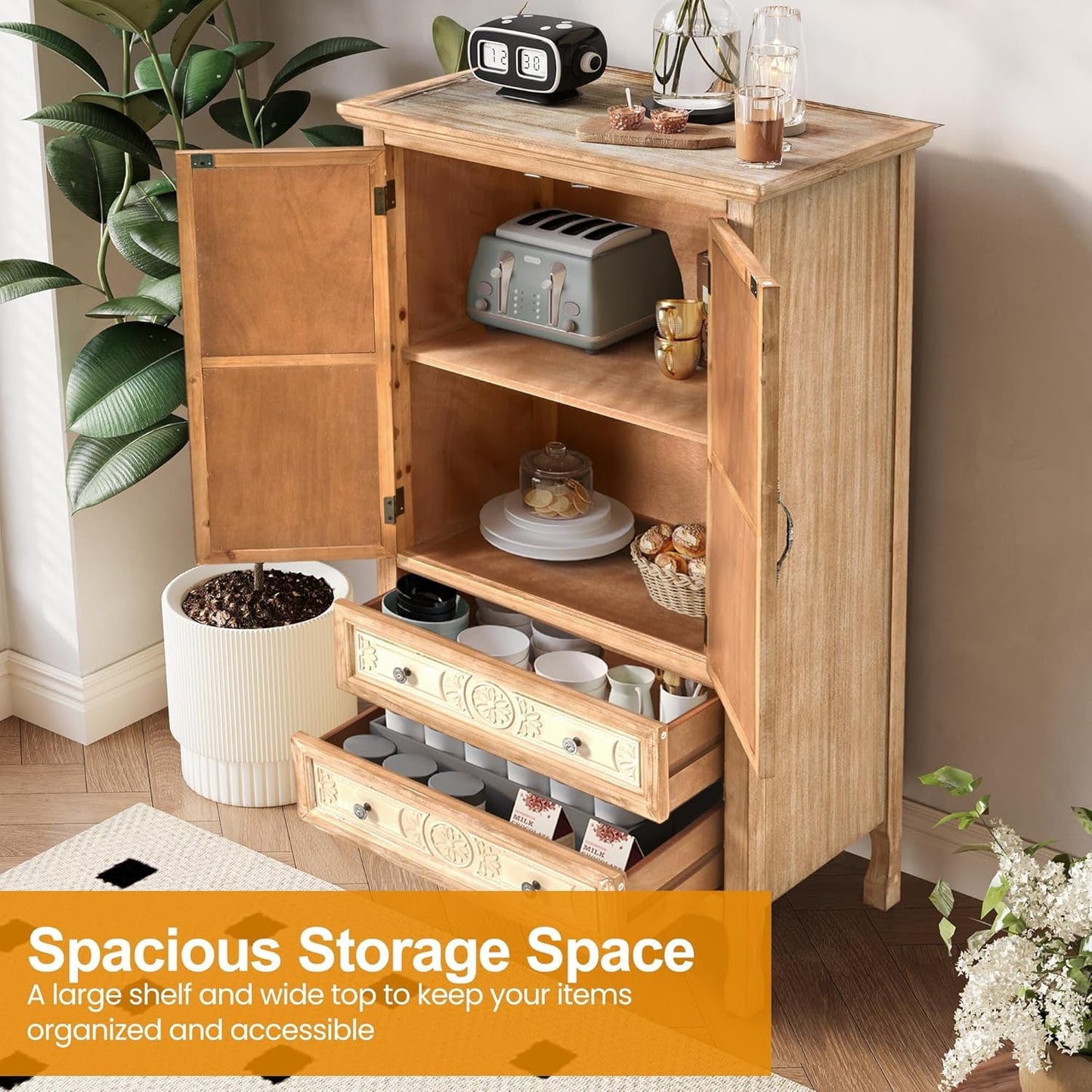 May in Color Kitchen Pantry Storage Cabinet, 48" Tall Pantry Cabinet with 2 Doors and 2 Drawers, for Kitchen, Dining Room, Living Room, Natural