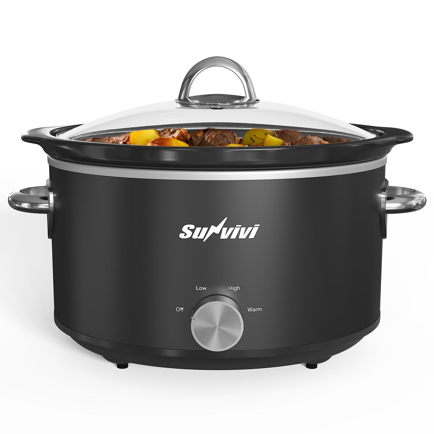 4QT Compact Slow Cooker & Food Warmer with 3 Temperature Settings, Removable Ceramic Pot, Dishwasher-Safe Glass Lid, Stainless Steel - Available in Black, Silver, and Blue