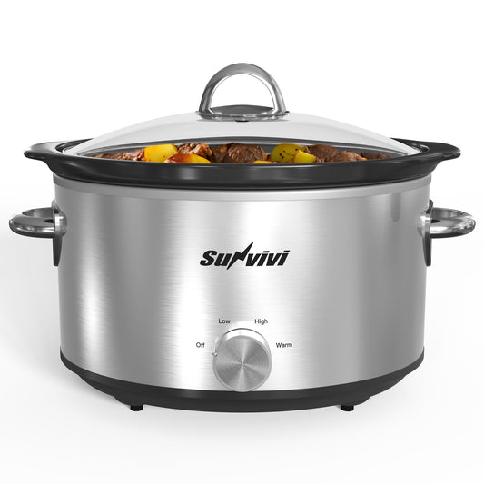 Sunvivi 4QT Compact Slow Cooker & Food Warmer, 3 Temperature Settings - Removable Ceramic Pot, Silver