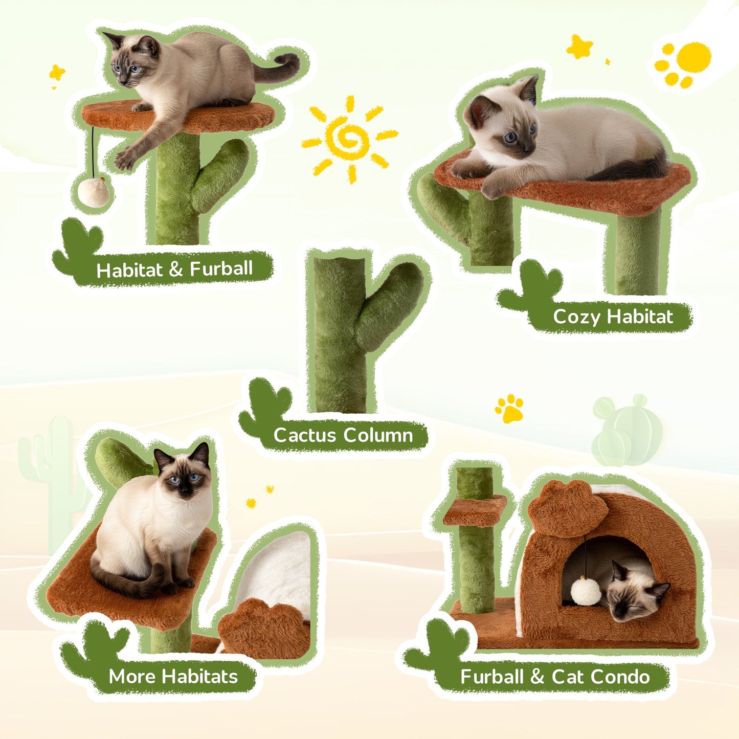 Cactus Cat Tree for Indoor Cats with Cozy Condo Wide Top Perch Multi-Level Jumping and Lounging Space 27.5inch Plush, Brown
