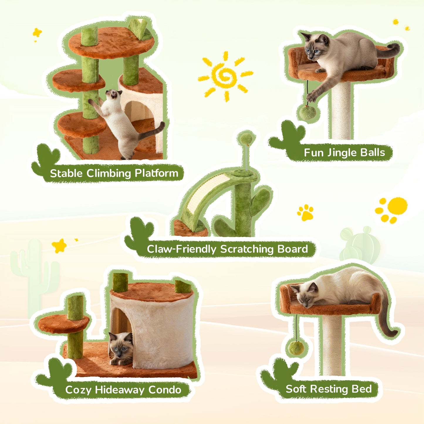Cactus Cat Tree for Indoor Cats, Multi-Level Cat Tower with Sisal Scratching Posts, Stable Cat Condo with Perches and Climbing Steps, 36.6", Brown