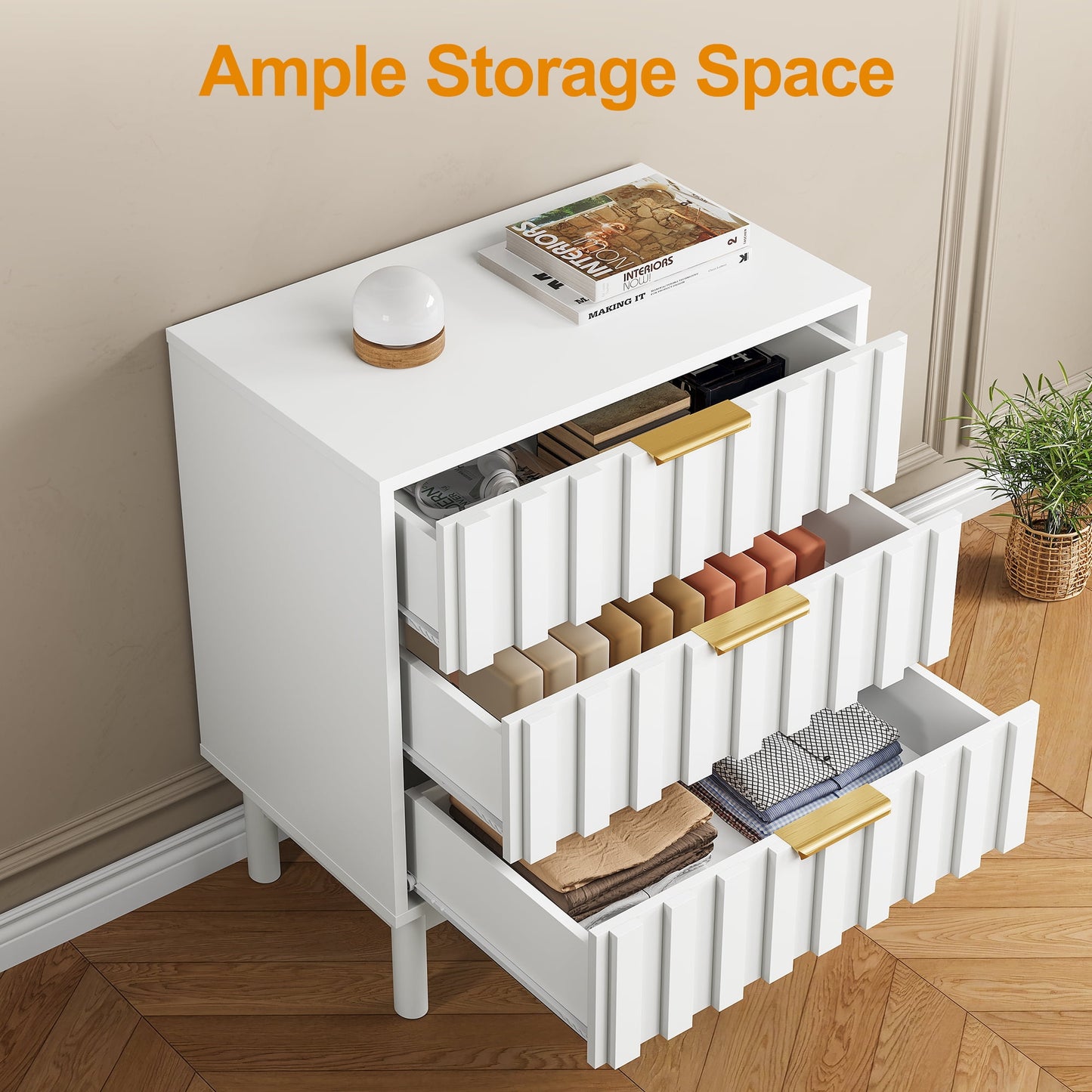 May in Color Fluted 3 Drawer Dresser Set of 2, Wood Closet Organizer for Bedroom, Living Room, Entryway, White